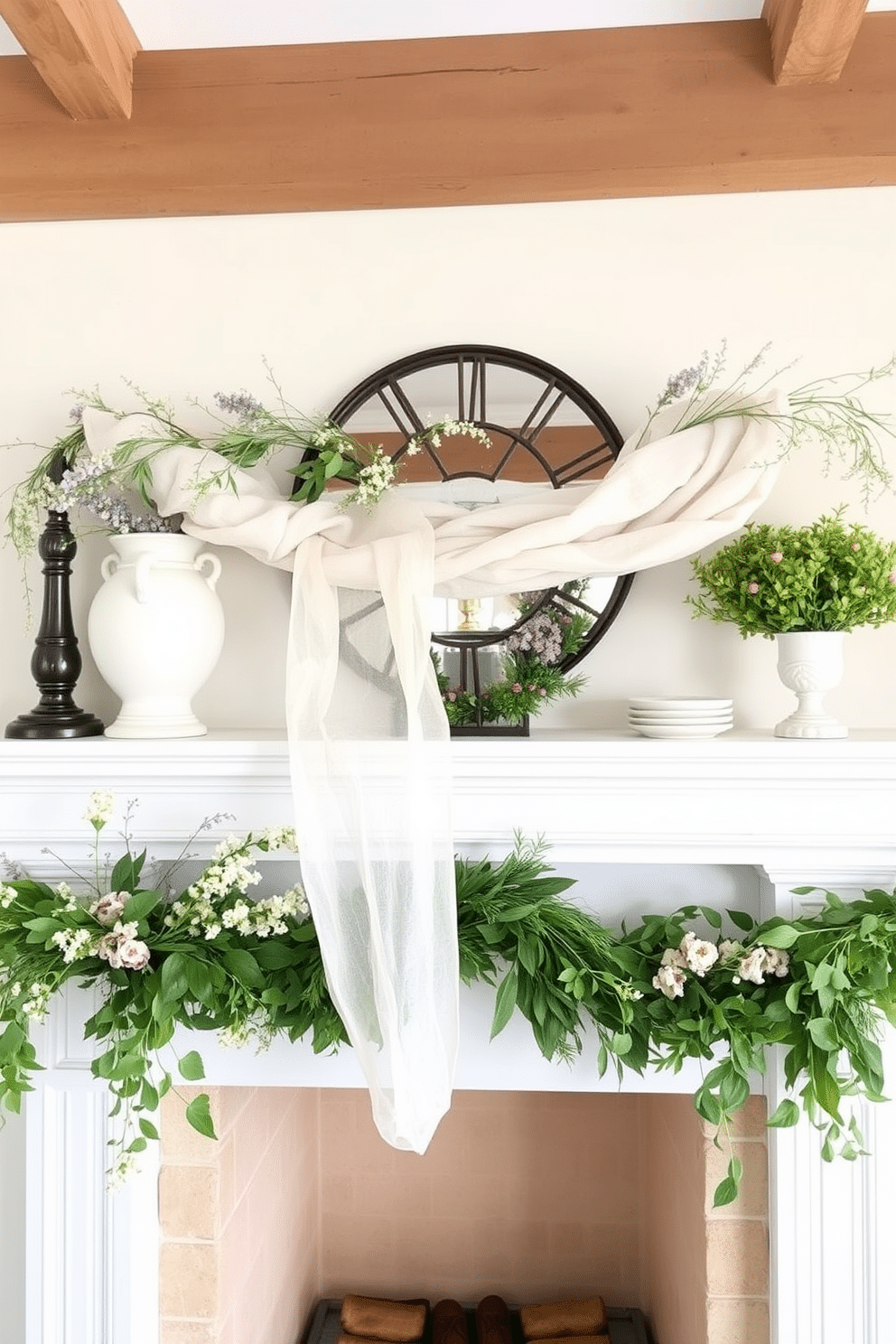 Lightweight linen garland drapes elegantly across the summer mantel, adding a soft and airy texture to the space. The garland is adorned with delicate wildflowers and greenery, creating a fresh and inviting atmosphere perfect for the season.