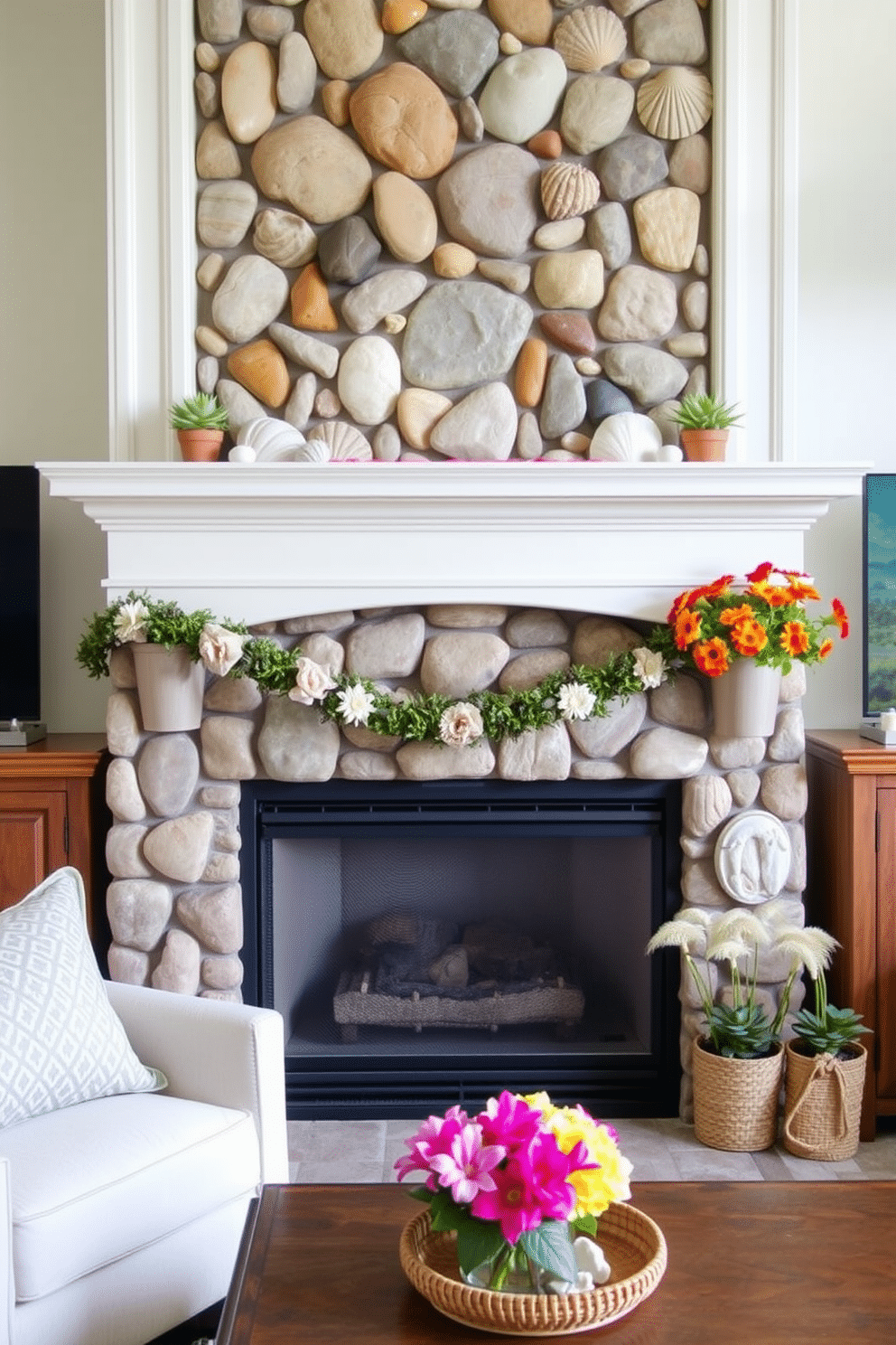 A cozy living room featuring a fireplace adorned with natural stone accents that create an earthy feel. The mantel is decorated with fresh summer elements such as vibrant flowers, seashells, and small potted plants, enhancing the seasonal ambiance.