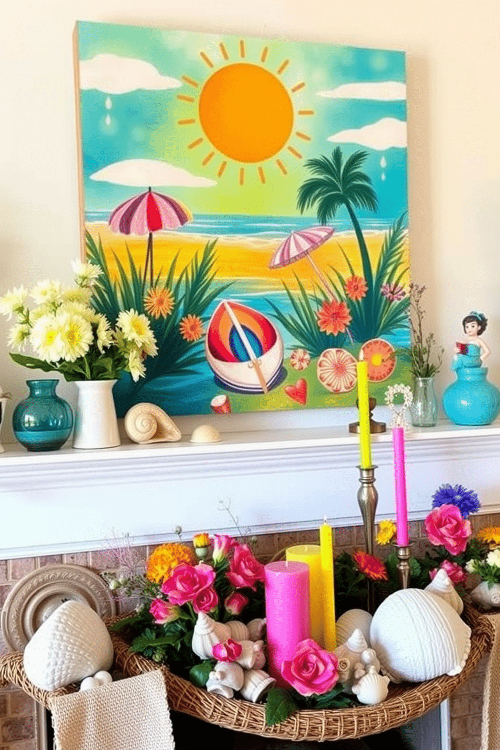 A vibrant summer artwork serves as the focal point of the room, showcasing bright colors and lively scenes that evoke the essence of the season. Surrounding the artwork, the decor features light and airy elements that enhance the cheerful atmosphere. The summer mantel is adorned with a mix of natural textures and playful accents, including seashells, fresh flowers, and colorful candles. This arrangement creates a warm and inviting focal point that captures the spirit of summer in a stylish way.