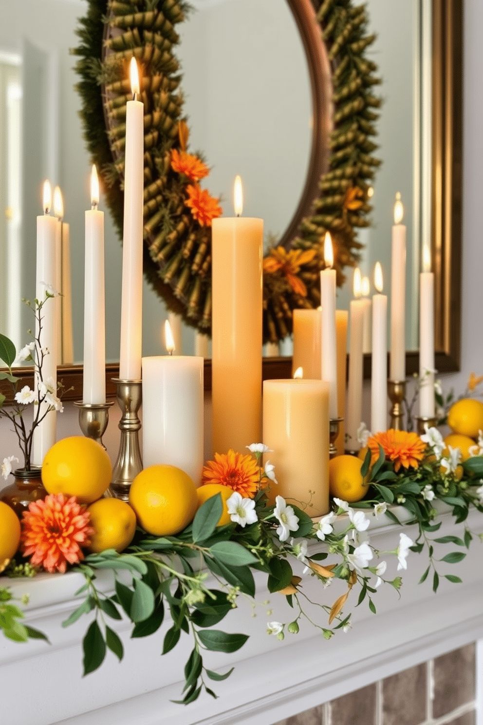 A charming mantel adorned with an array of candles in various heights and sizes. The candles emit refreshing citrus scents, creating a bright and inviting atmosphere for summer gatherings. Surrounding the candles are vibrant seasonal decorations, including fresh citrus fruits like lemons and limes. Sprigs of greenery and delicate flowers add a touch of natural beauty, enhancing the overall aesthetic.