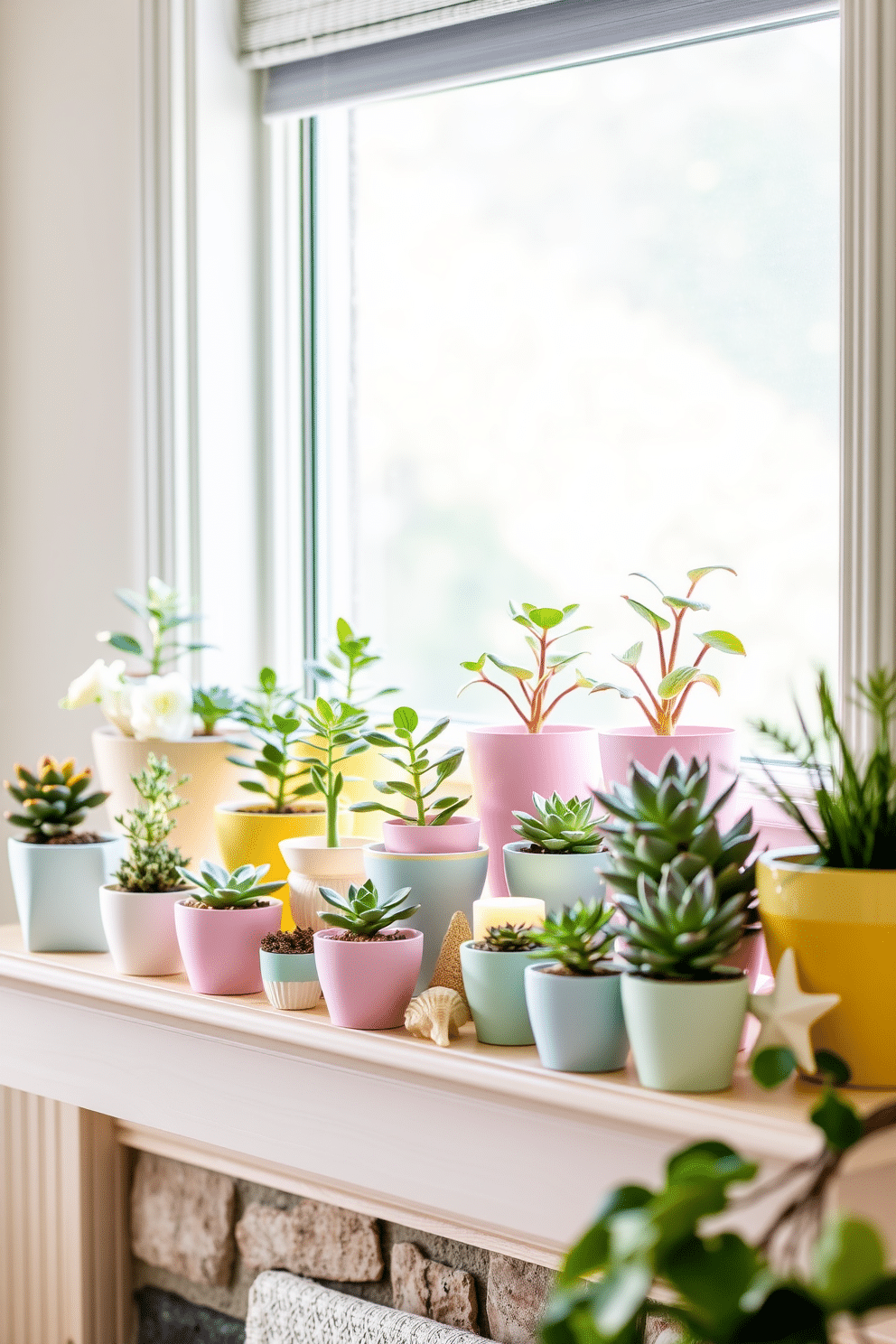 A charming summer mantel decorated with an array of miniature potted plants in varying sizes. The plants are arranged on a light wooden mantelpiece, complemented by soft natural light streaming in from a nearby window. Colorful ceramic pots in pastel shades add a cheerful touch to the decor. A few decorative seashells and small candles are placed among the plants, enhancing the summer vibe.