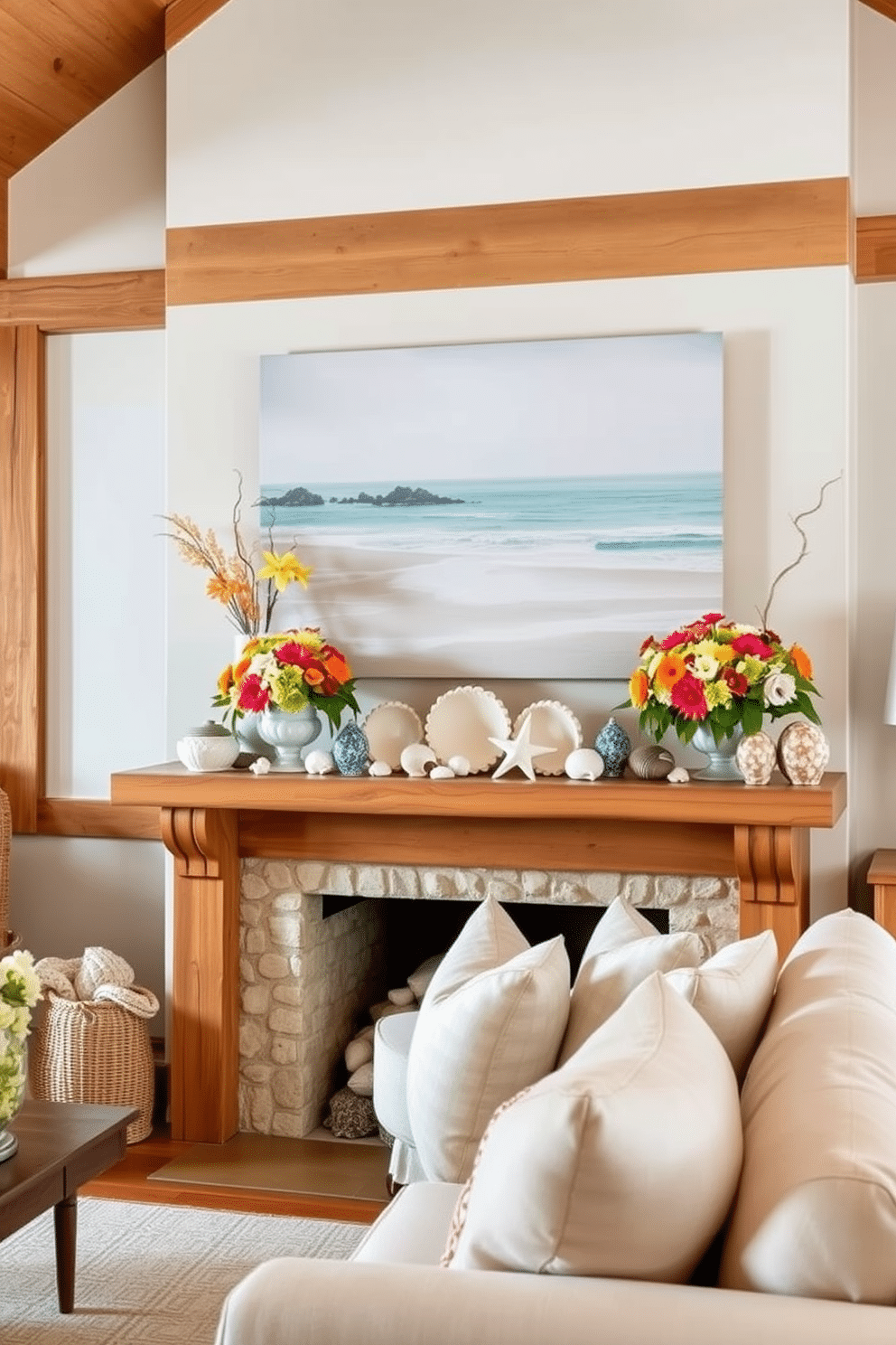 A cozy living room adorned with natural wood accents that exude warmth. The mantel is beautifully decorated for summer with vibrant floral arrangements and seashells, creating a refreshing coastal vibe. Above the mantel, a large piece of art featuring a serene beach scene complements the decor. Soft, neutral tones in the furnishings enhance the inviting atmosphere of the space.