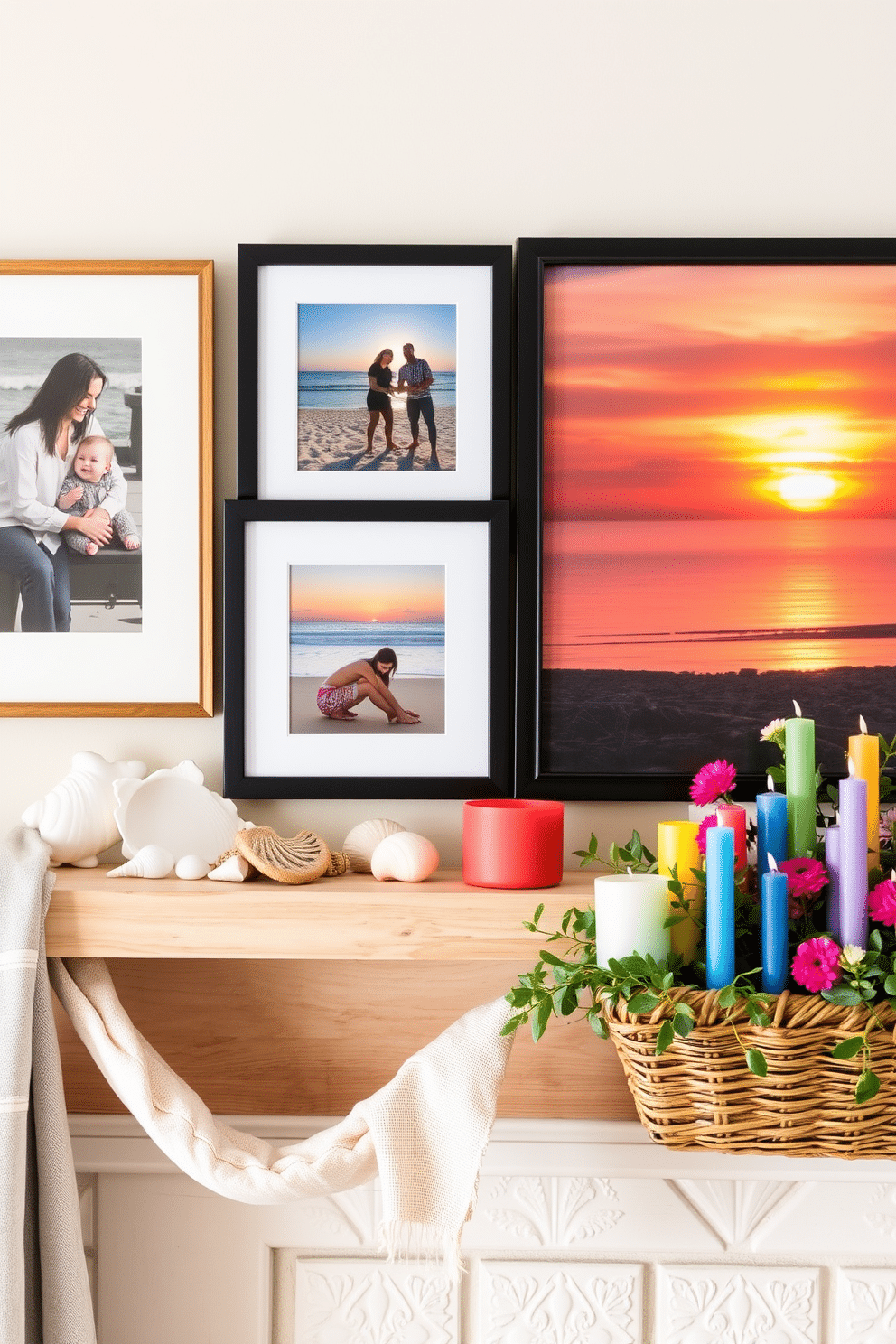 Framed summer vacation photos are displayed on a light wooden mantel, capturing joyful moments by the beach and vibrant sunsets. The mantel is adorned with a mix of seashells and small potted succulents, creating a relaxed coastal vibe. For summer mantel decorating ideas, a collection of colorful candles in varying heights is arranged alongside a woven basket filled with fresh flowers. Soft linen fabric drapes gently over one side of the mantel, adding texture and a breezy feel to the overall design.