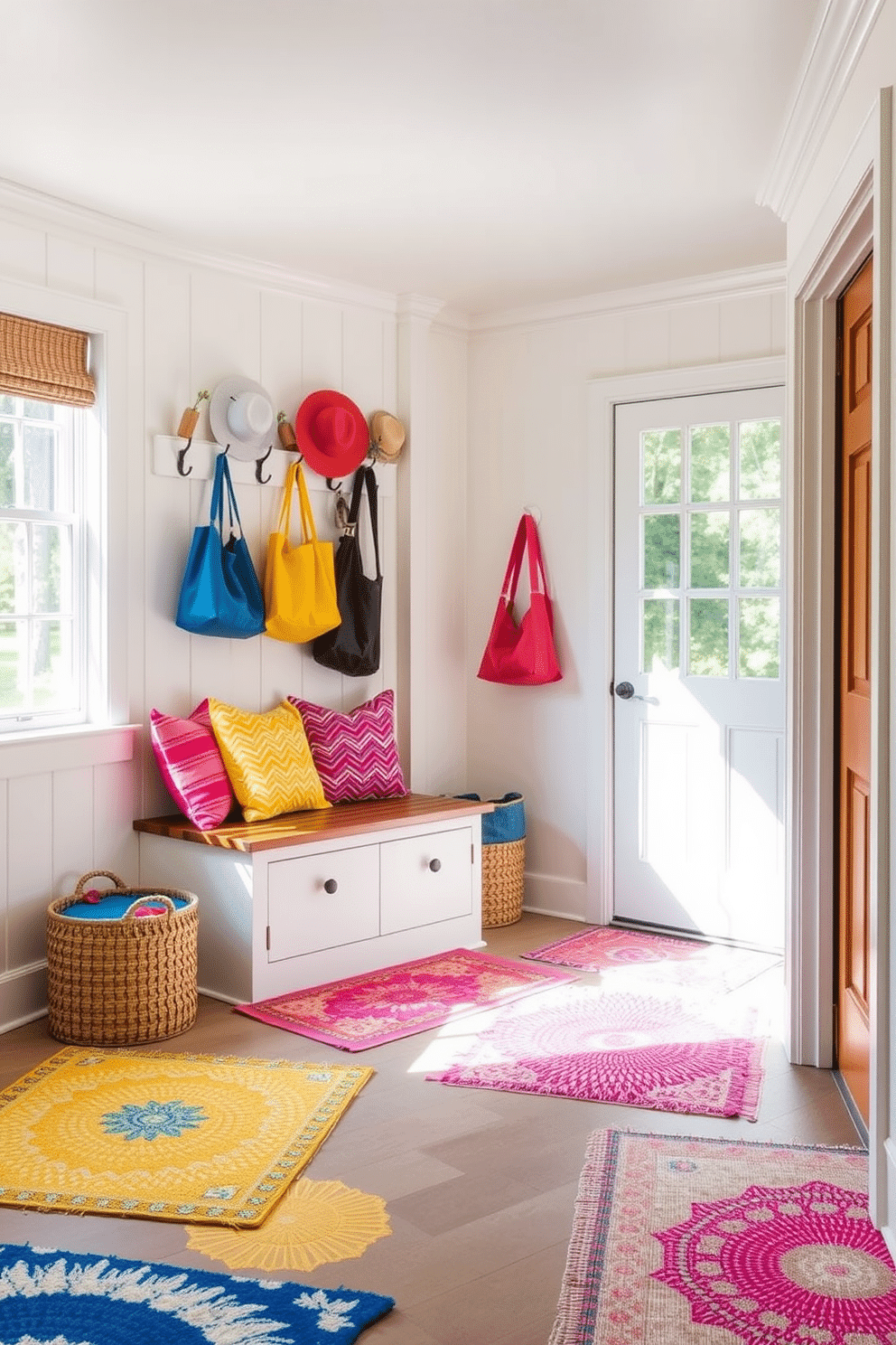 A bright and cheerful mudroom filled with colorful summer rugs. The walls are painted in a soft white hue, and a large window allows natural light to flood the space. A wooden bench with vibrant cushions sits against one wall, while hooks above hold colorful bags and hats. The floor is adorned with a mix of patterned summer rugs in shades of blue, yellow, and pink, adding warmth and personality to the room.