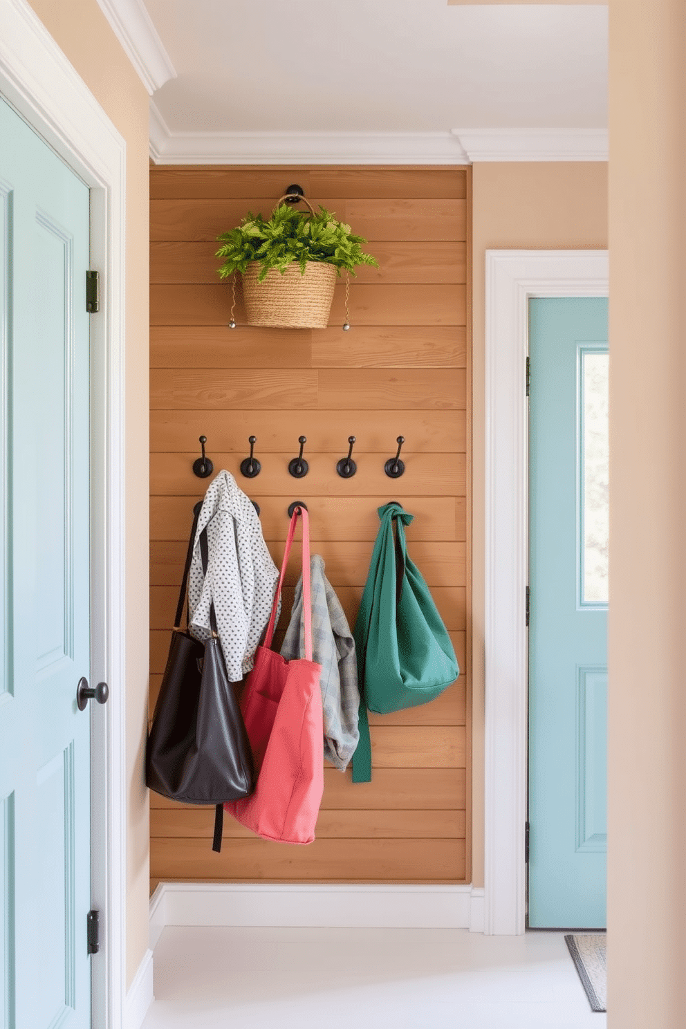 A bright and welcoming mudroom features a row of stylish hooks for bags and jackets mounted on a wooden wall. The space is adorned with a cheerful color palette, incorporating soft pastels and natural textures to create a relaxed atmosphere.