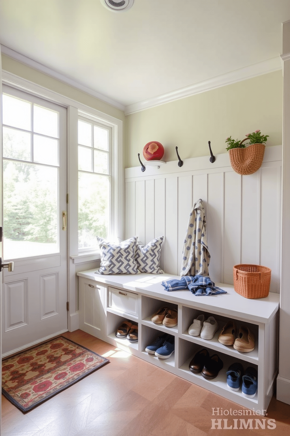 A bright and inviting summer mudroom features a spacious bench with built-in storage underneath, perfect for stowing away shoes and outdoor gear. The walls are painted in a soft pastel hue, and large windows allow natural light to flood the space, enhancing the cheerful atmosphere.