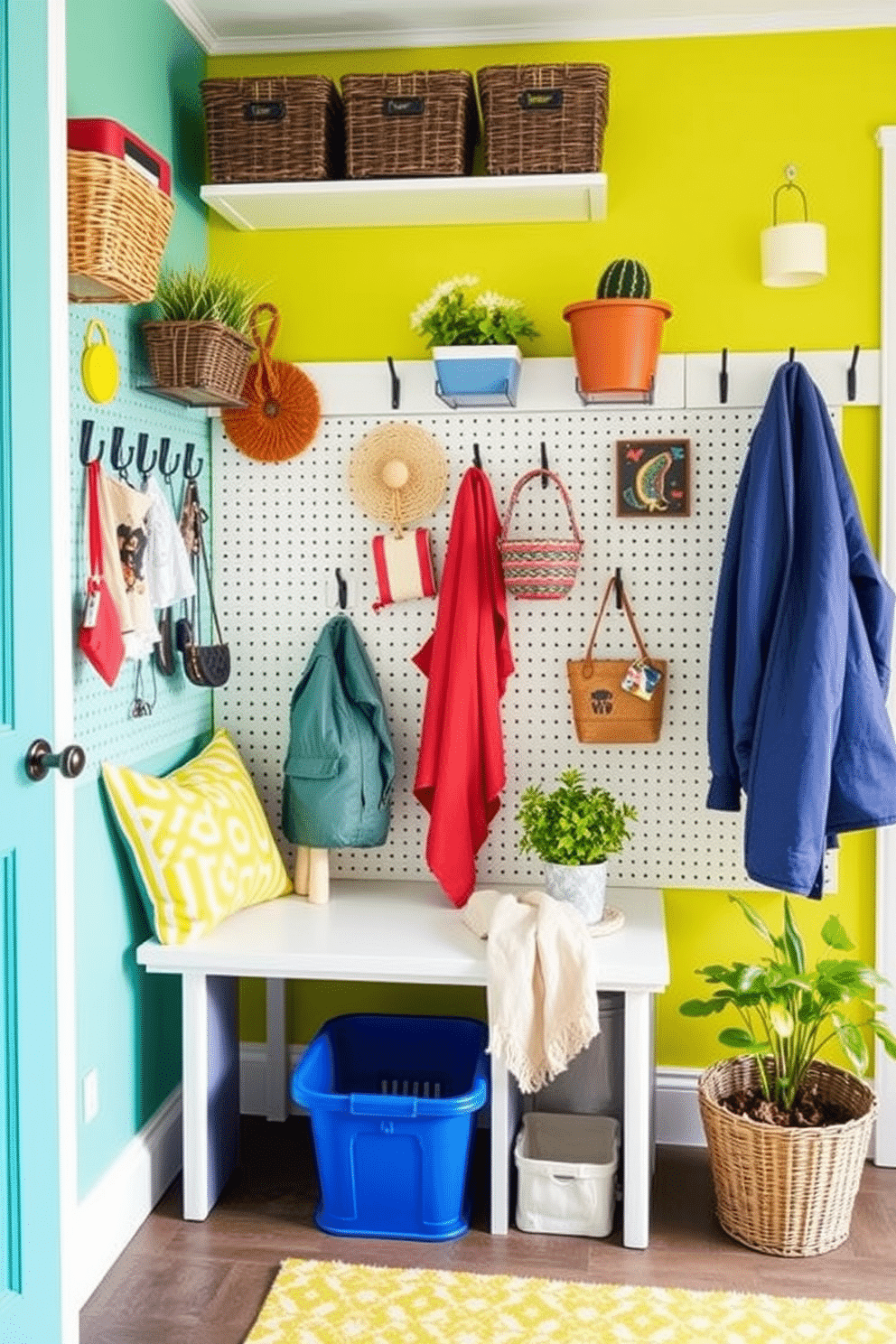 A summer mudroom featuring a pegboard for versatile organization. The pegboard is adorned with hooks and baskets, providing storage for outdoor gear and accessories. Brightly colored walls create a cheerful atmosphere, while a durable bench offers a place to sit and remove shoes. Potted plants and seasonal decor add a fresh touch to the space, making it inviting and functional.