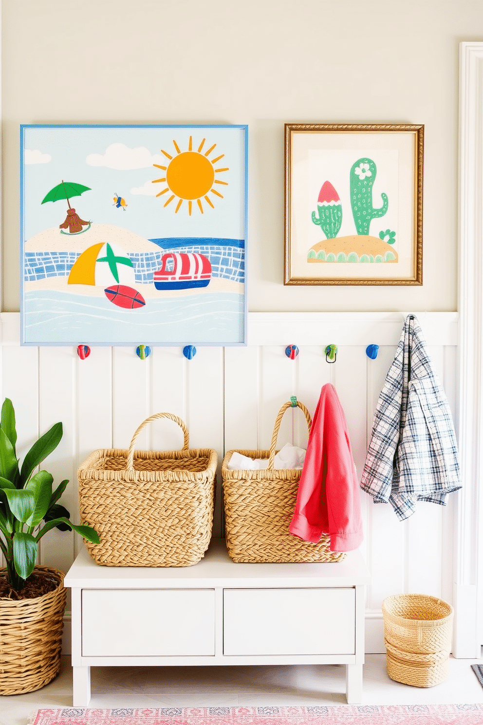 Introduce playful summer-themed artwork that brings vibrant colors and cheerful imagery into the space. Consider pieces that feature beach scenes, tropical motifs, or whimsical depictions of summer activities. For the summer mudroom, incorporate functional yet stylish storage solutions like woven baskets and colorful hooks. Use a light and airy color palette with soft pastels to create a welcoming atmosphere that reflects the joy of the season.