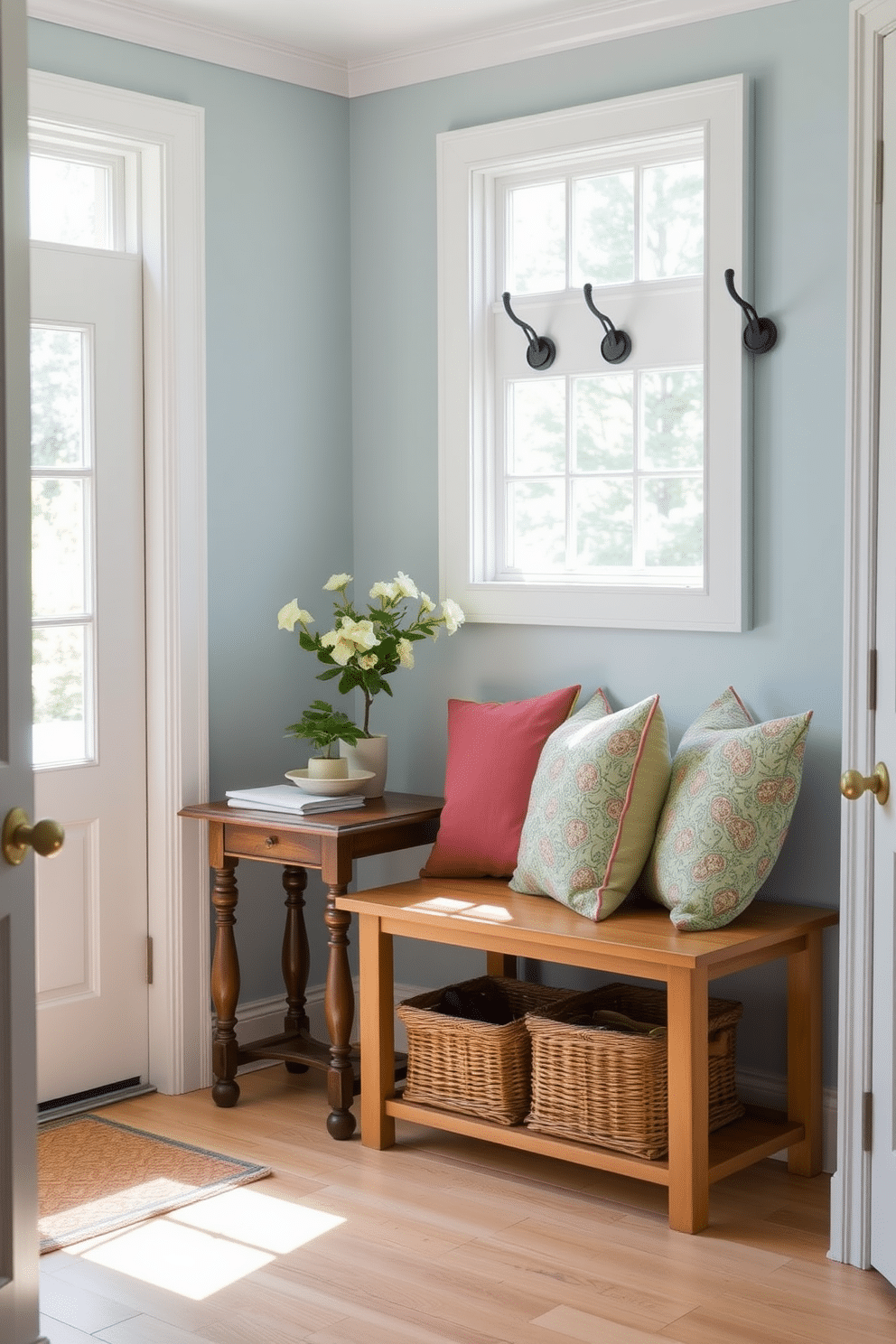 A welcoming summer mudroom filled with natural light. There is a small wooden table near the entrance for keys and mail, topped with a decorative bowl and a small potted plant. The walls are painted in a soft, airy blue, complementing the light wood flooring. A row of hooks is mounted above a cozy bench, adorned with colorful cushions and a woven basket underneath for shoes.