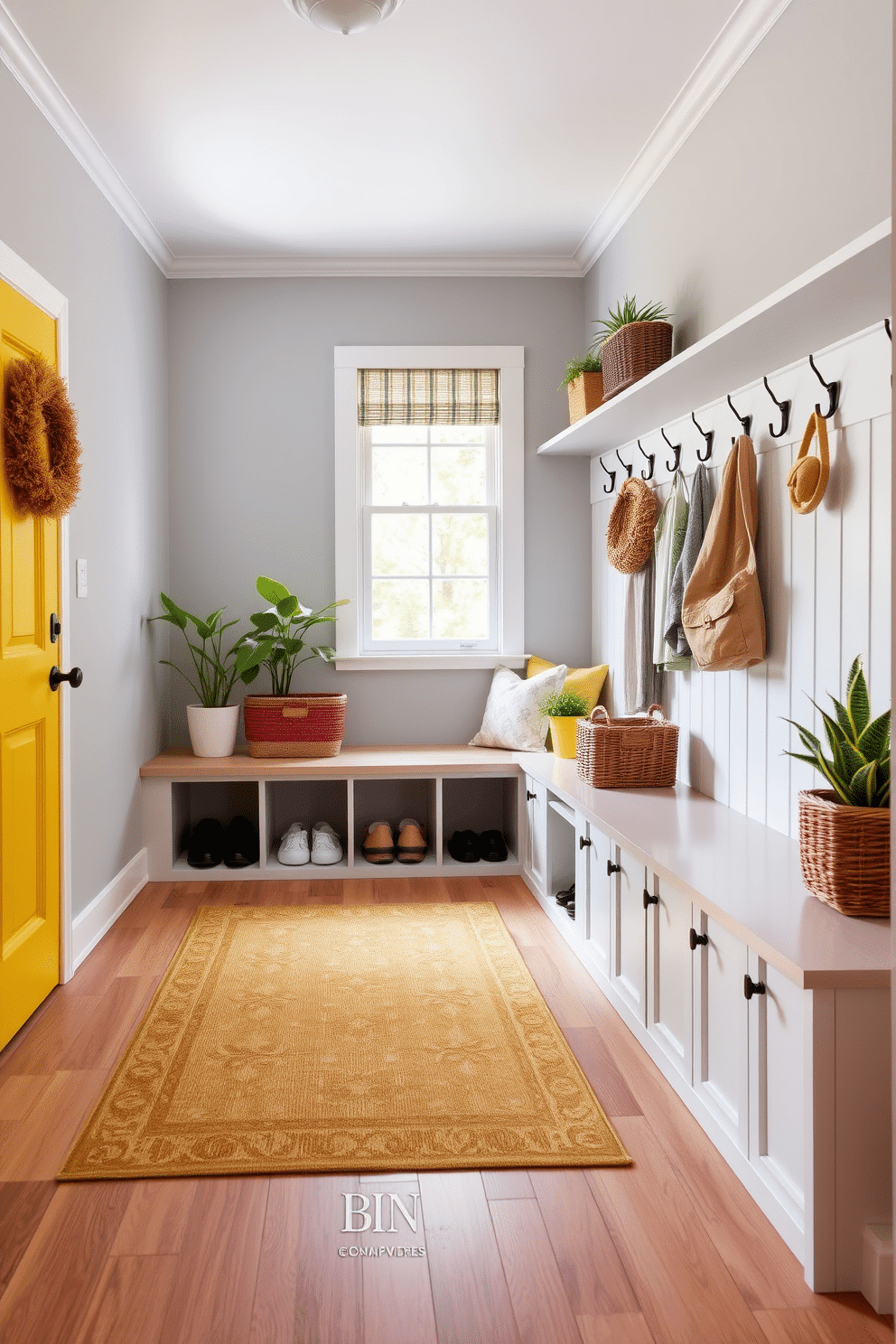 A bright and inviting mudroom features a vibrant yellow accent chair positioned near a large window. The walls are painted in a soft gray, and the floor is adorned with a durable, patterned rug that adds warmth to the space. Functional storage solutions include a built-in bench with cubbies for shoes and a row of hooks for coats. Potted plants and decorative baskets are strategically placed to enhance the cheerful atmosphere while maintaining organization.