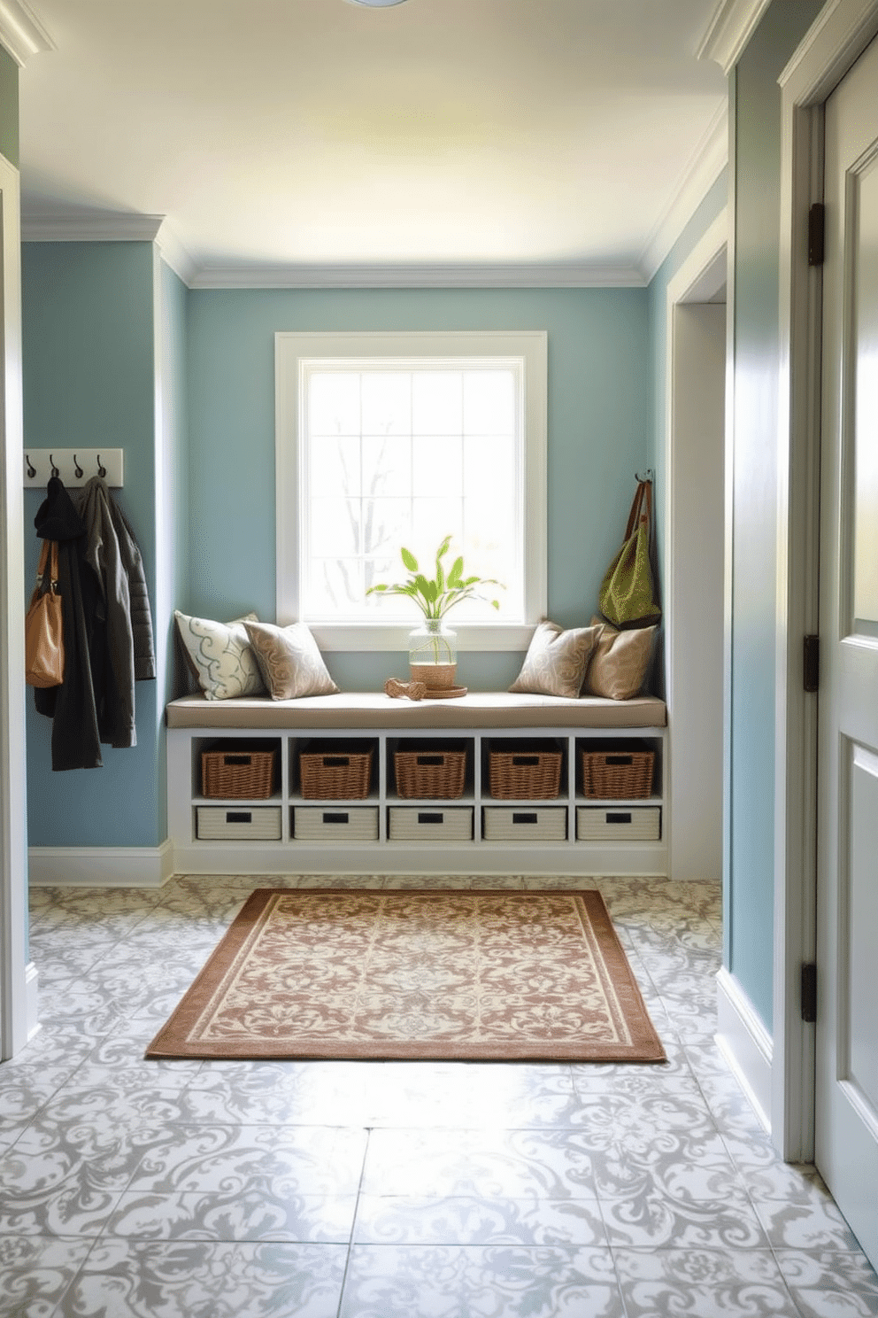 A bright and inviting mudroom features a built-in bench with cushioned seating and storage baskets underneath. The walls are painted in a soft blue hue, and a large window allows natural light to flood the space, highlighting a small indoor plant placed on the windowsill. The floor is covered with a durable, patterned tile that complements the overall color scheme. Hooks line the wall for hanging coats and bags, while a stylish area rug adds warmth and texture to the room.