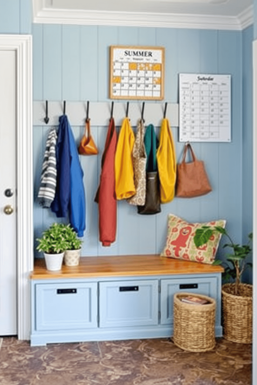 A charming mudroom features a large wooden bench with built-in storage underneath. Above the bench, a grid of hooks holds colorful jackets and bags, while a wall-mounted calendar displays the summer schedule. The walls are painted a soft blue, creating a refreshing atmosphere, and the floor is covered with durable, patterned tiles. Potted plants and a woven basket add a touch of greenery and organization to the space.