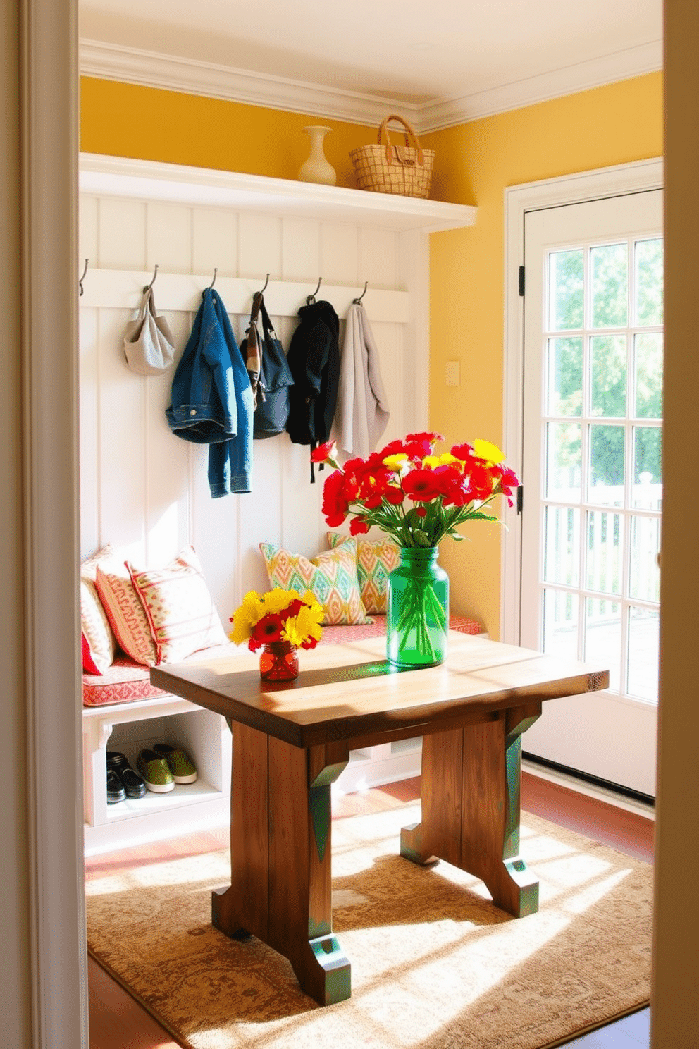 A bright and inviting mudroom filled with natural light. The space features a built-in bench with colorful cushions and hooks above for hanging hats and bags. Fresh flowers in vibrant vases are placed on a rustic wooden table. The walls are painted a soft yellow, and the floor is covered with a durable, patterned rug that adds warmth.