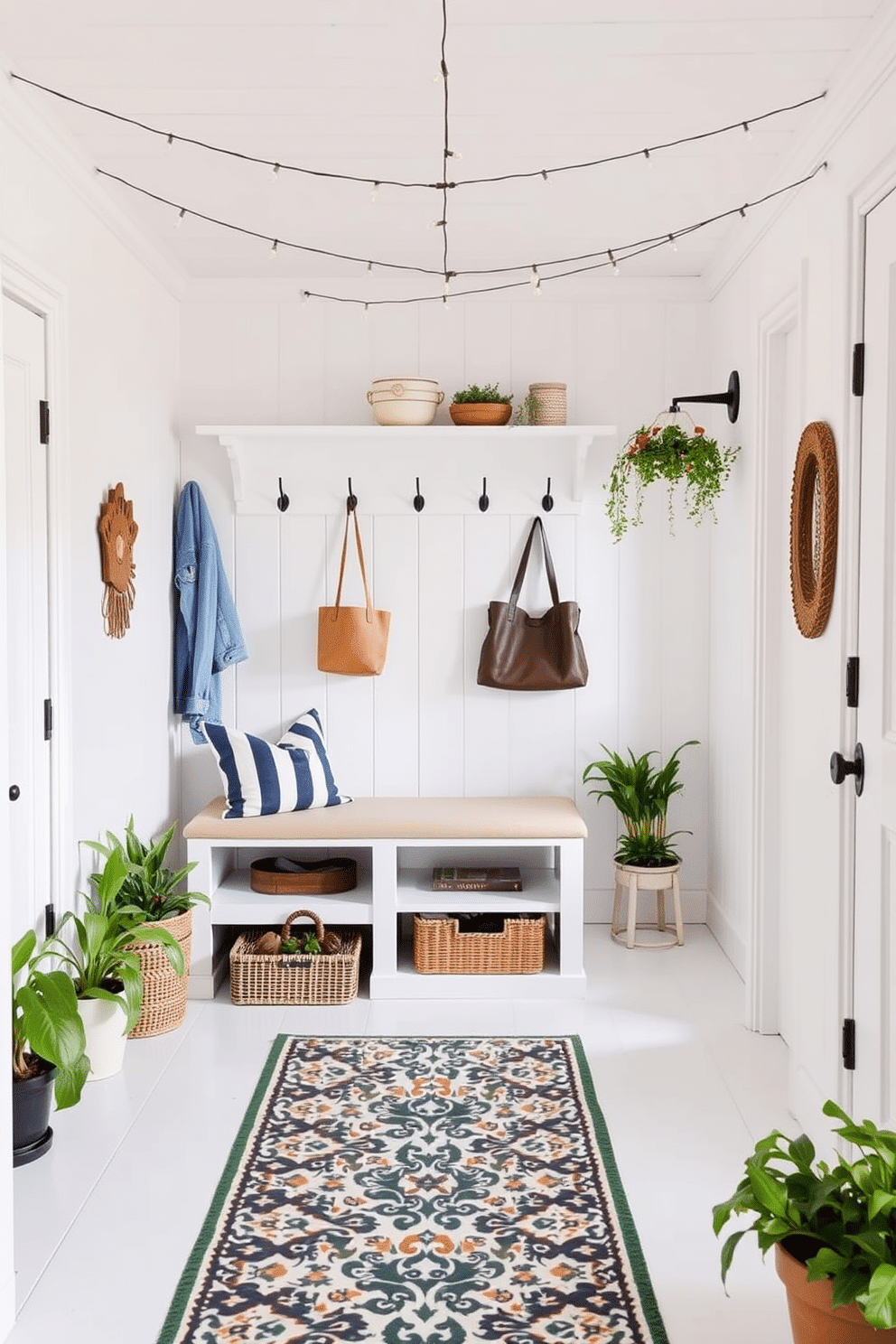 A bright and airy mudroom features a bench with storage underneath and hooks above for coats and bags. The walls are painted in a soft white, and a patterned runner rug adds a pop of color to the floor. Hang string lights across the ceiling to create a warm and inviting atmosphere. Potted plants in the corners and a cheerful welcome mat complete the cozy summer vibe.