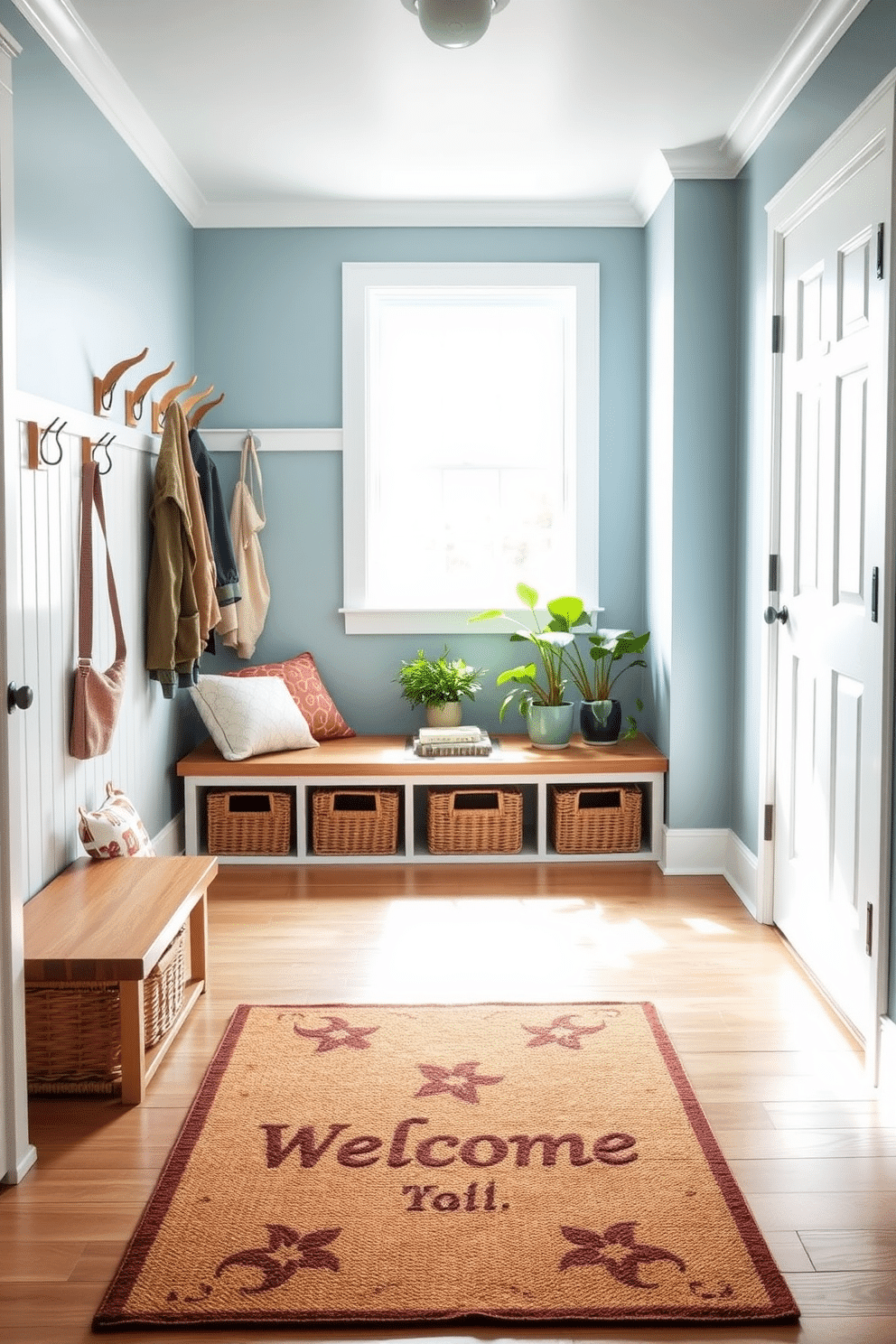 A bright and airy mudroom welcomes you with a stylish welcome mat at the entrance. The walls are painted a soft blue, and natural light streams in through a large window, illuminating the space. To the left, there is a row of wooden hooks for hanging coats and bags, while a long bench with plush cushions offers a comfortable spot to sit. Potted plants add a touch of greenery, and woven baskets underneath the bench provide practical storage solutions.