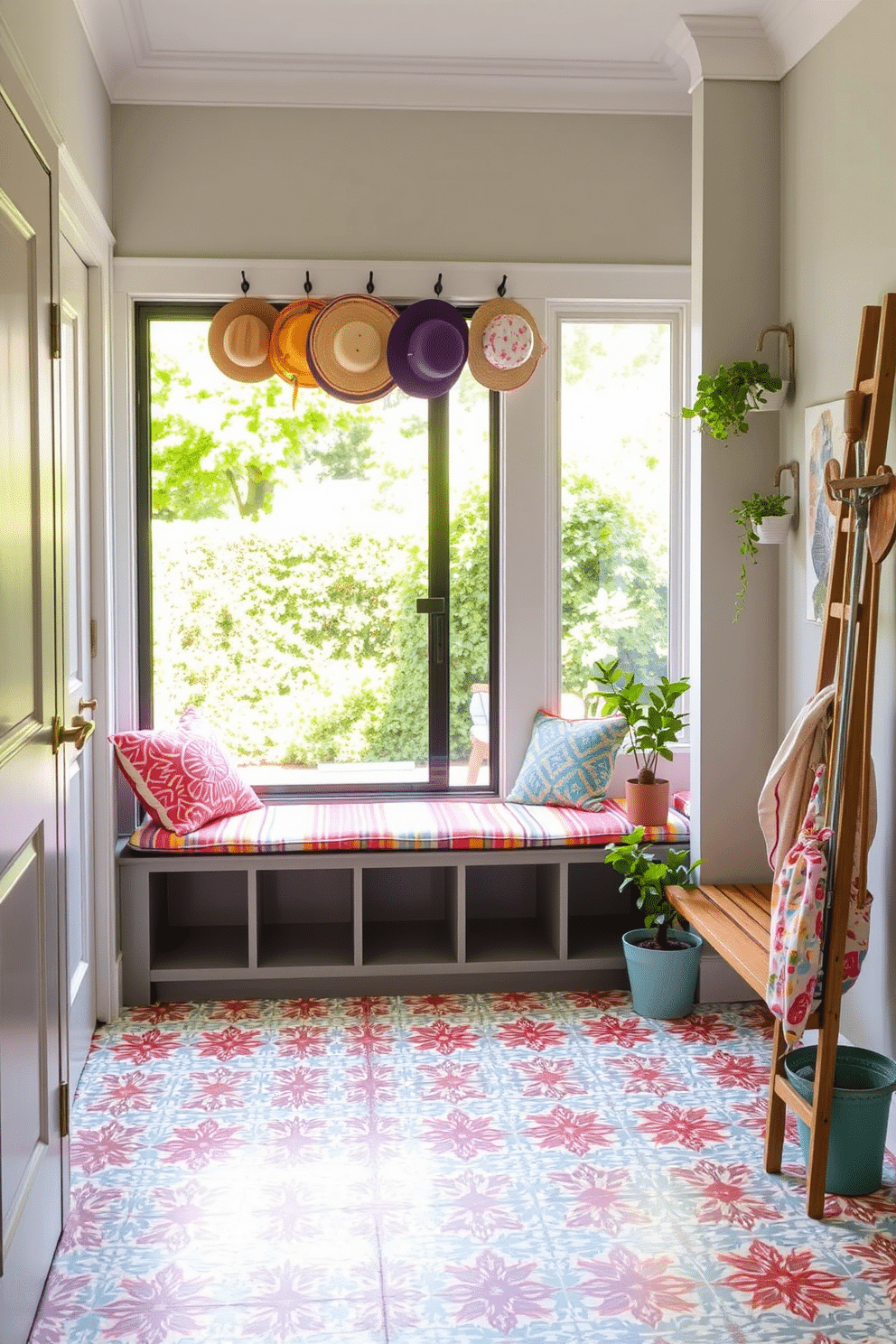 A bright and airy summer mudroom features a sliding glass door that opens to a lush garden, allowing natural light to flood the space. The walls are painted in a soft pastel hue, and the floor is adorned with cheerful patterned tiles that evoke a sense of warmth and welcome. A built-in bench with colorful cushions provides comfortable seating, while hooks above it hold vibrant summer hats and bags. Potted plants and a decorative ladder shelf filled with gardening tools add a touch of nature and functionality to the room.