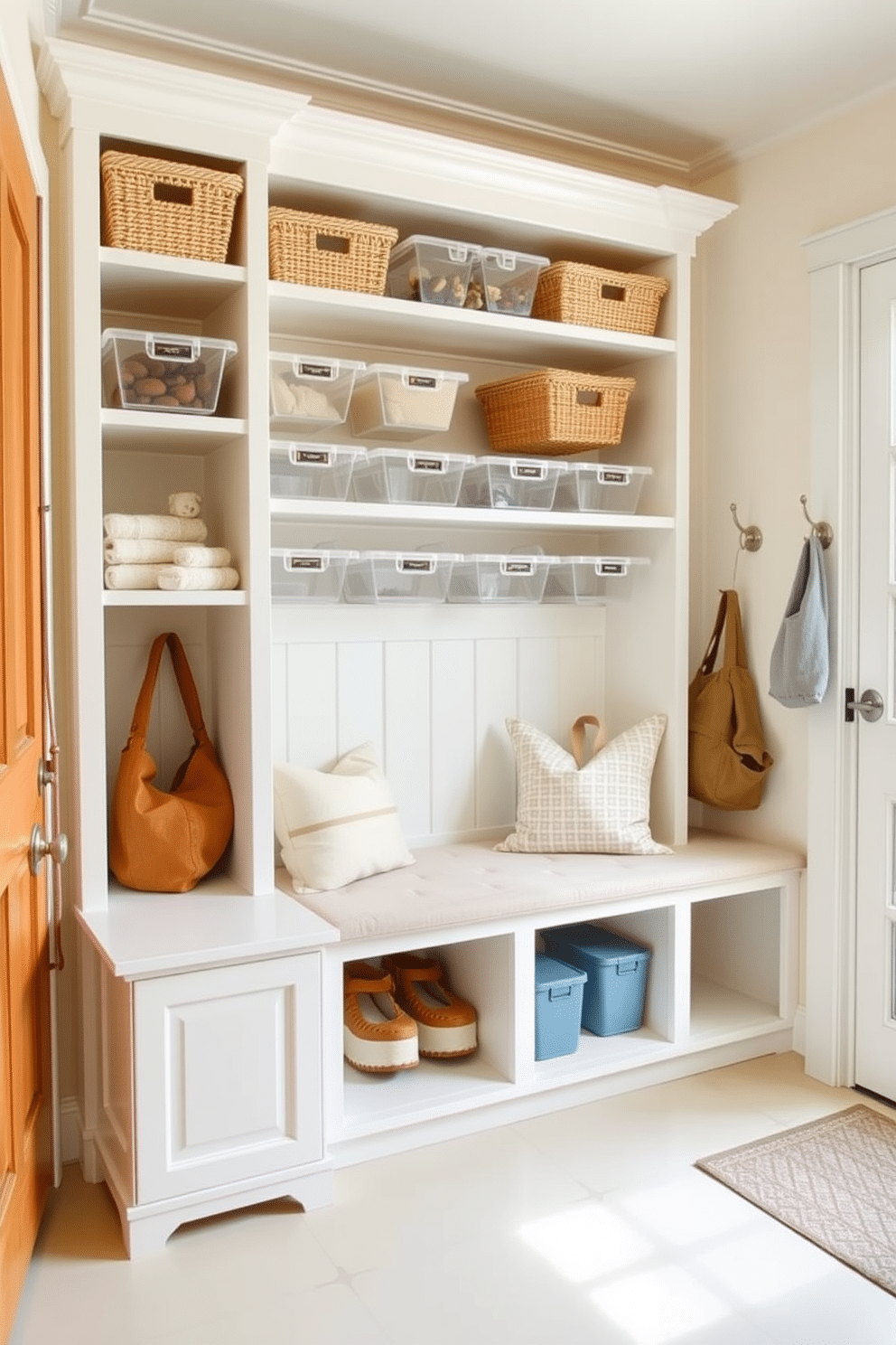 A bright and airy summer mudroom features clear bins neatly arranged on open shelving for easy visibility and organization. The space is accented with light-colored walls and a durable, weather-resistant floor that complements the overall aesthetic. A cozy seating area is included, with a bench covered in soft, removable cushions. Decorative hooks line the walls, providing a stylish solution for hanging hats and bags.