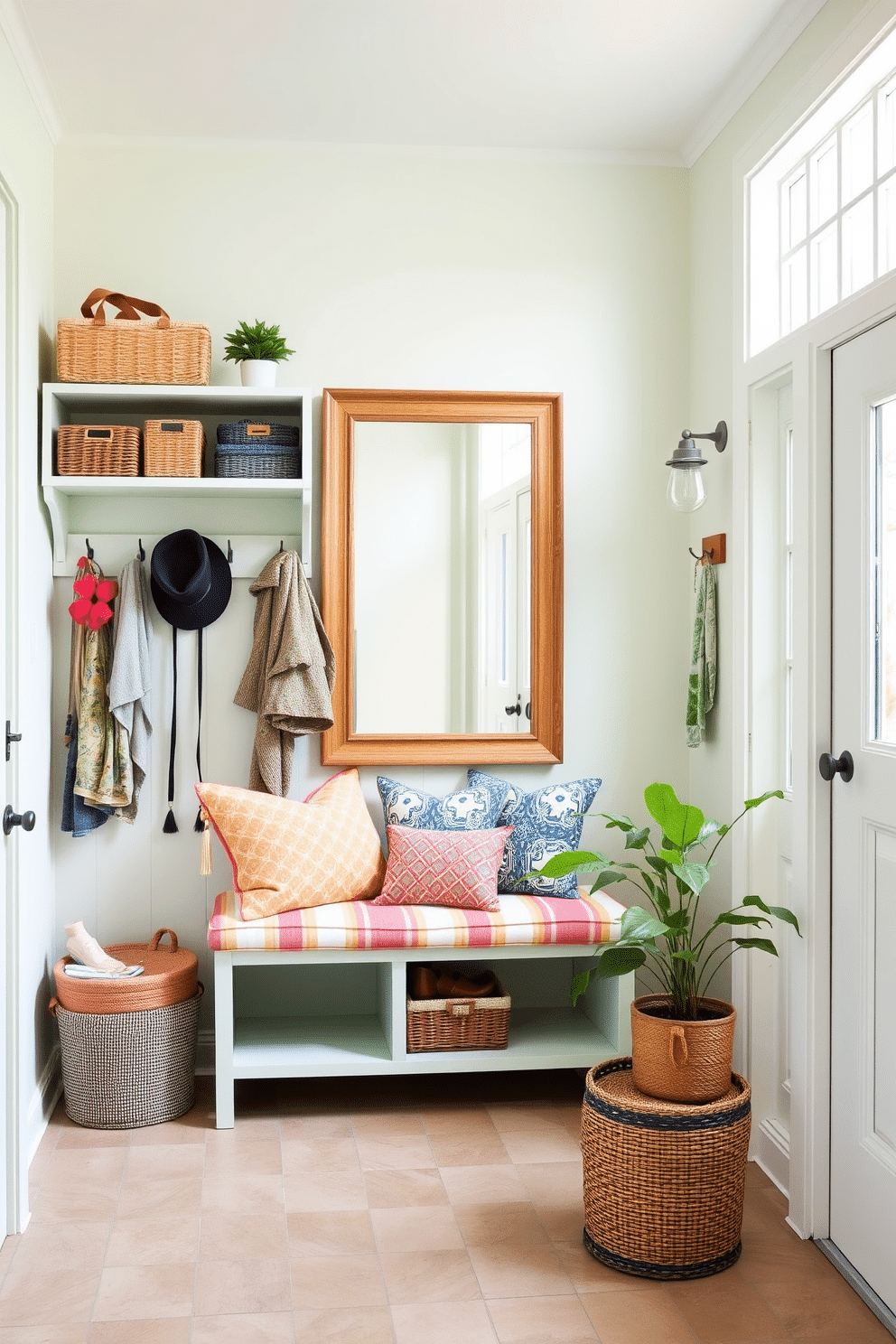 A welcoming summer mudroom features a spacious entryway with ample storage solutions. The walls are painted in a soft pastel hue, and a large mirror is mounted to reflect natural light, creating an airy atmosphere. Cleverly designed hooks and shelves provide organization for outdoor gear and accessories. A cozy bench with colorful cushions invites relaxation while potted plants add a touch of greenery to the space.