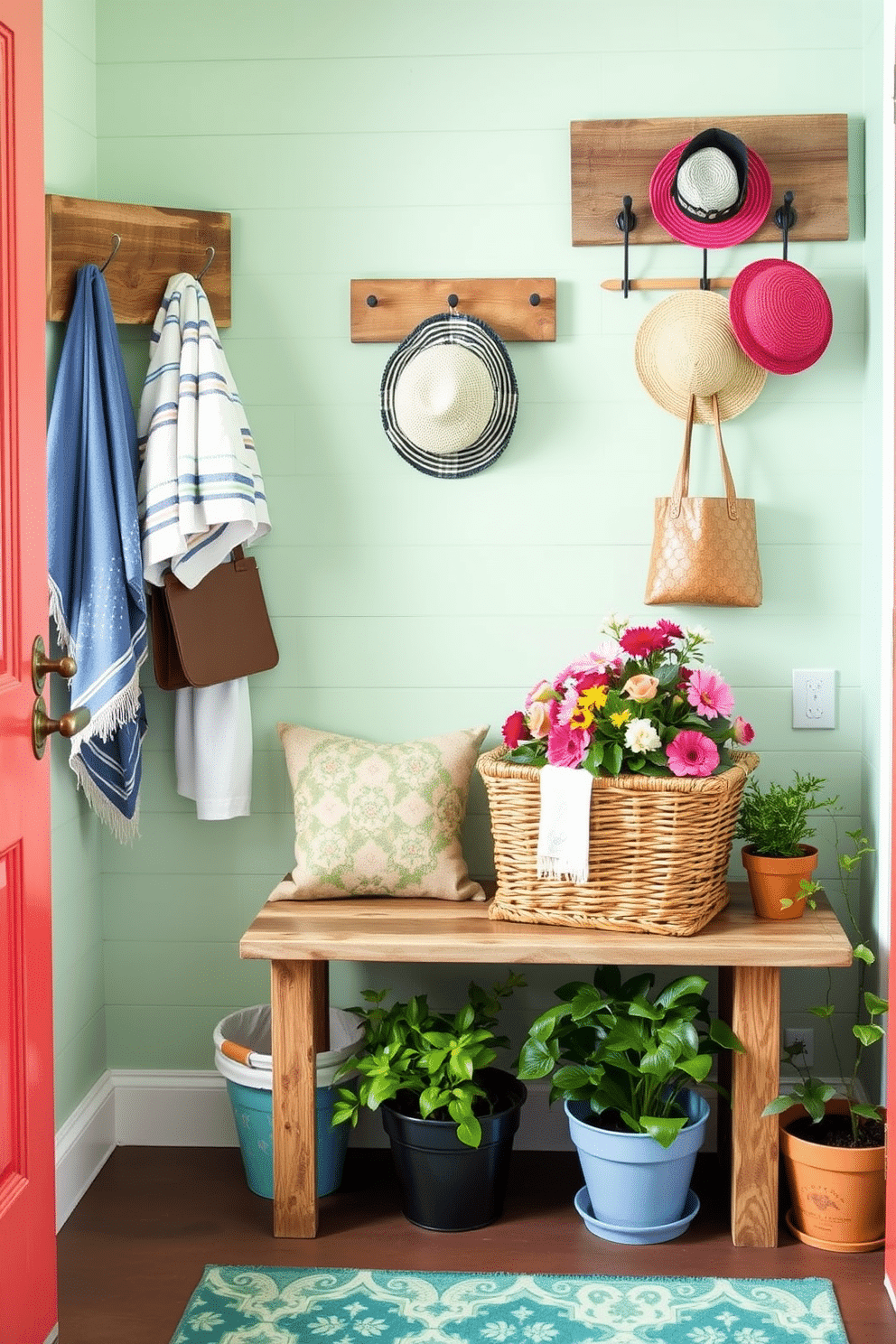 Create a bright and inviting summer mudroom decorated with vibrant colors and natural elements. Incorporate a large wicker basket filled with fresh towels and a cheerful floral arrangement on a rustic bench. Add a wall-mounted coat rack made of reclaimed wood to hang summer hats and light jackets. The floor should feature a durable mat with a fun pattern, and a few potted plants can be placed near the entrance for a refreshing touch.