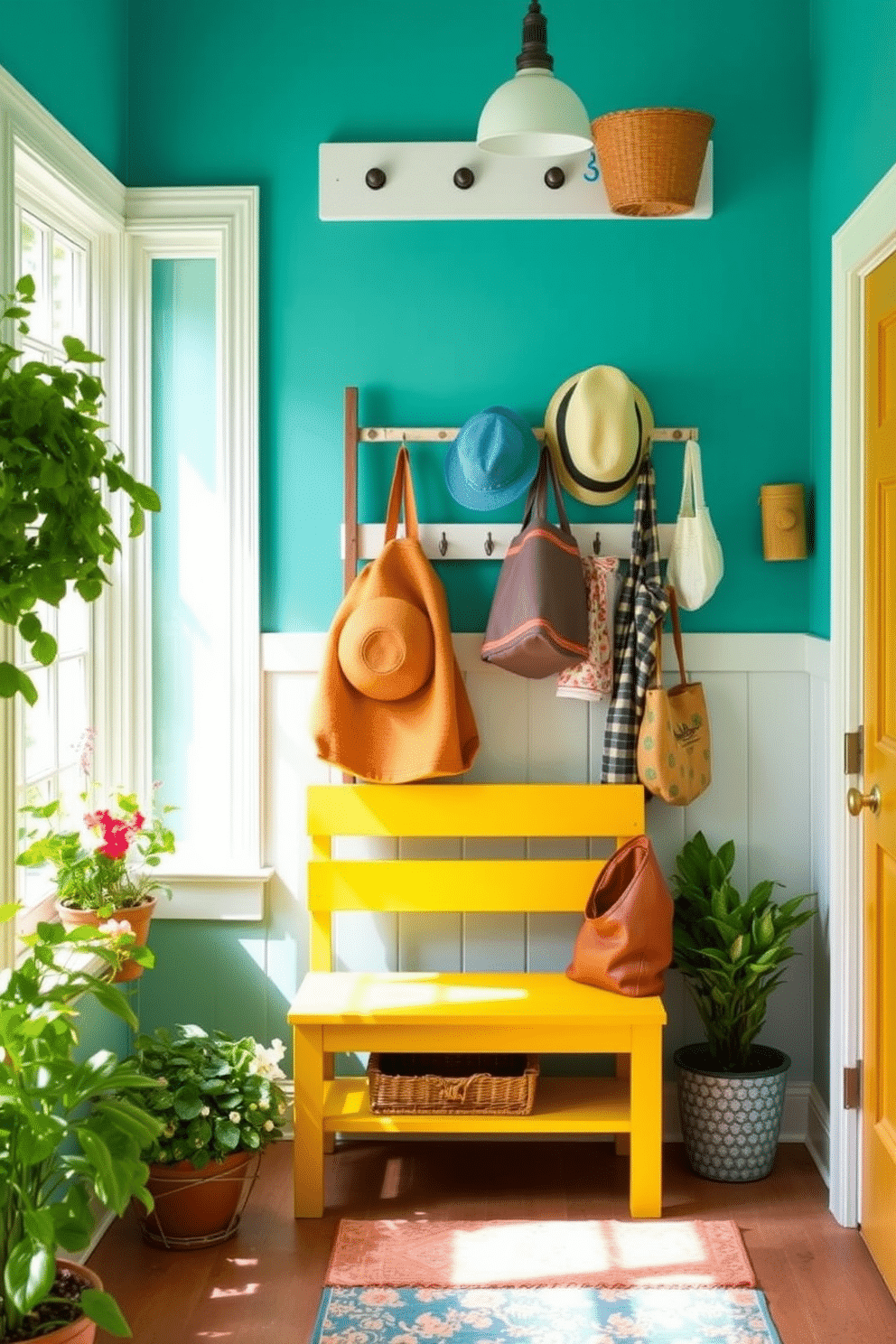 A charming mudroom featuring a vintage wooden ladder used for hanging various items such as hats and bags. The space is adorned with bright summer colors, including a cheerful yellow bench and potted plants that bring a fresh and inviting atmosphere.