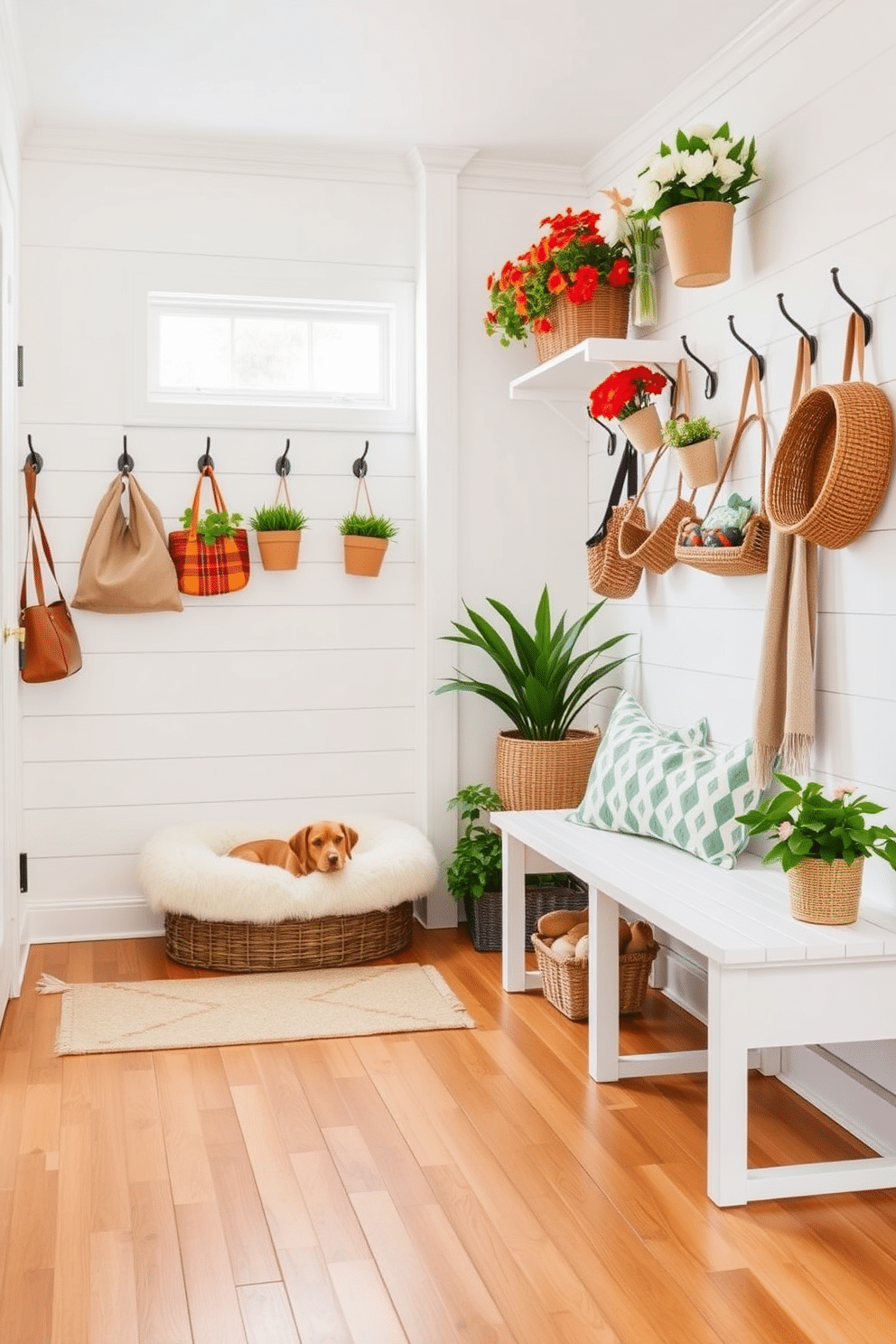 A bright and inviting summer mudroom features a spacious area with light wood flooring and white shiplap walls. In one corner, there is a cozy pet area with a plush dog bed and a decorative basket for toys, creating a welcoming space for both pets and owners. The mudroom is adorned with vibrant potted plants and seasonal decor that reflect a cheerful summer vibe. Hooks line the walls for hanging bags and hats, while a charming bench provides a spot to sit and remove shoes.