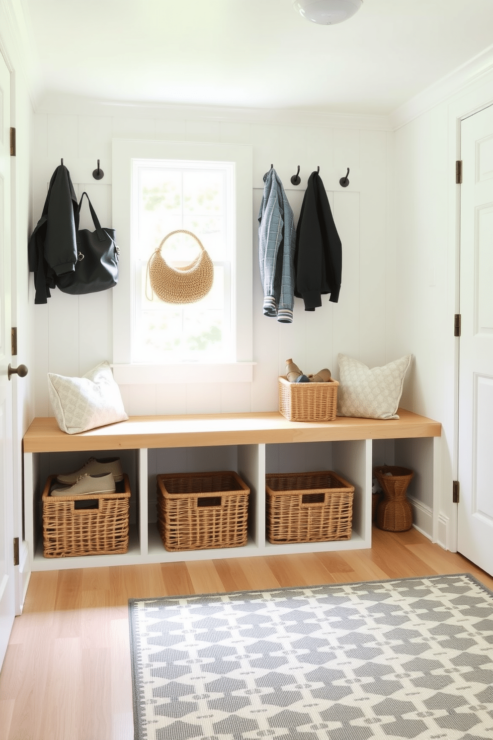 A bright and airy mudroom features a spacious entryway with a light wood bench and hooks for hanging coats. Wicker baskets are neatly arranged underneath the bench, providing stylish storage for shoes and outdoor gear. The walls are painted in a soft pastel color, enhancing the natural light that floods the space. A patterned rug adds a touch of warmth and comfort, making this summer mudroom both functional and inviting.