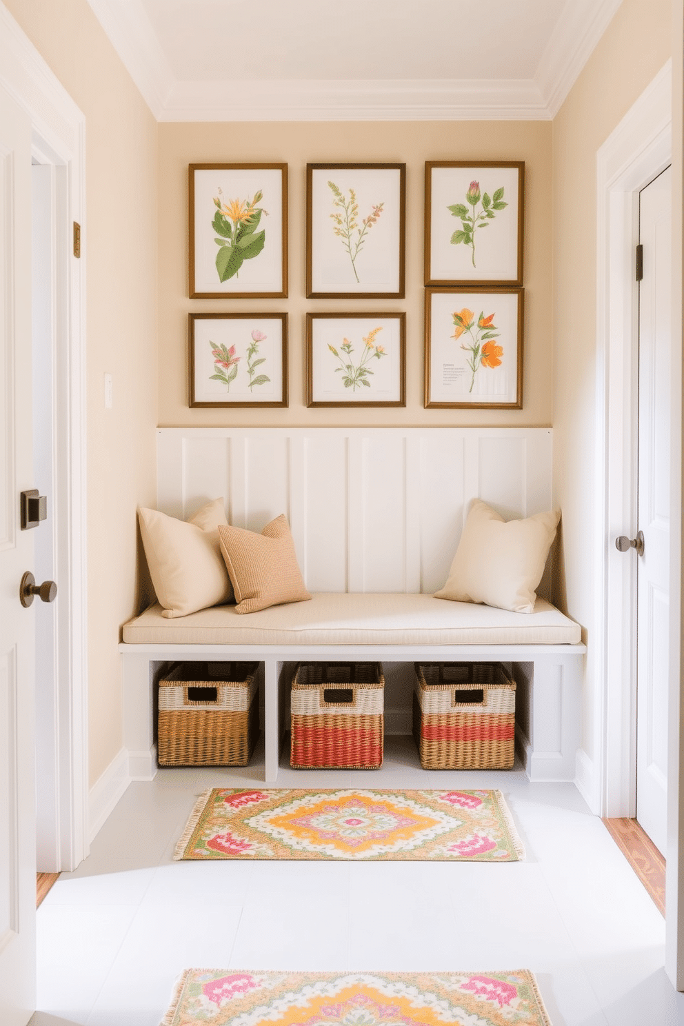 A bright and airy mudroom featuring a built-in bench with soft cushions in neutral tones. Colorful woven baskets are arranged underneath for storage, while a vibrant rug adds a cheerful touch to the floor. The walls are painted in a light beige, complemented by white trim and molding. A gallery of framed botanical prints in various colors hangs above the bench, adding personality and warmth to the space.