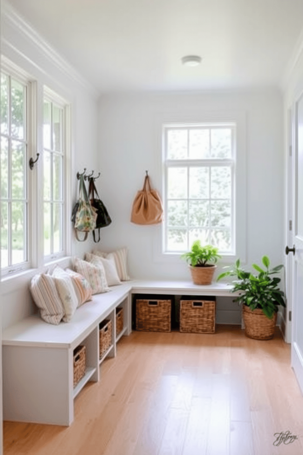 A summer mudroom featuring walls painted in light, airy colors creates a welcoming atmosphere. The space includes a built-in bench with soft cushions, surrounded by hooks for hanging bags and hats. Natural light floods in through large windows, illuminating the room's light wood flooring. Potted plants and wicker baskets add a touch of greenery and organization to the decor.