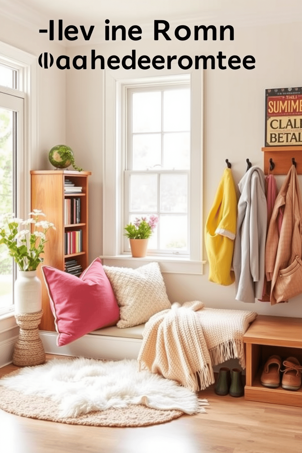 Create a cozy reading nook with plush pillows and a soft throw blanket. A large window lets in natural light, and a small bookshelf filled with favorite novels stands nearby. Design a summer mudroom that features bright colors and functional storage. Incorporate hooks for bags and jackets, along with a bench for easy shoe removal.