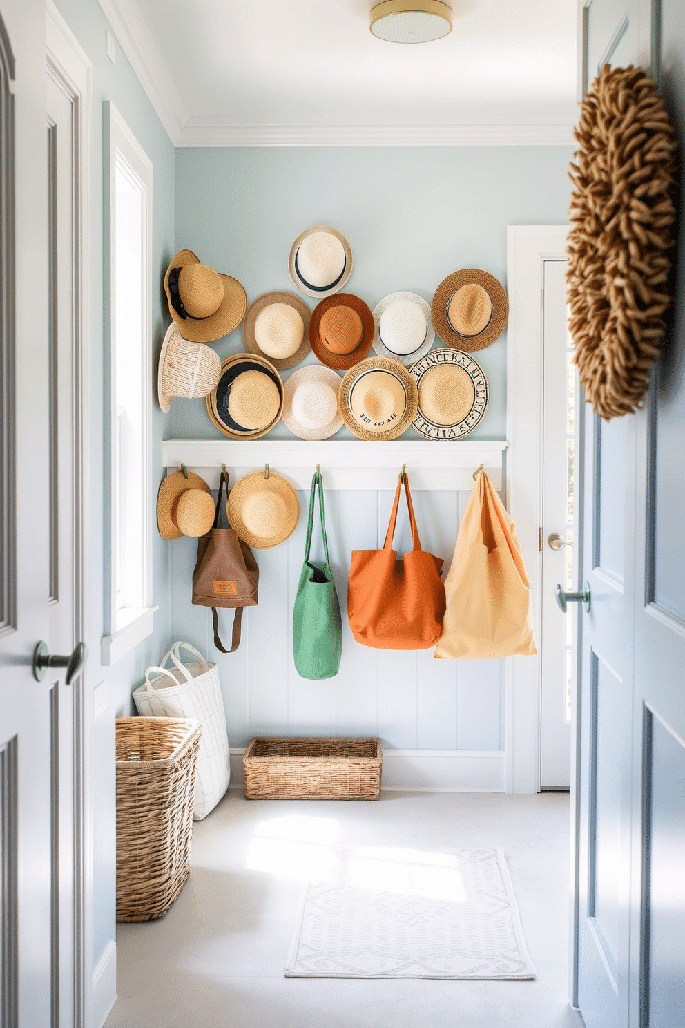 A bright and inviting mudroom features a dedicated wall for hanging summer hats, showcasing a variety of styles and colors. The space is accented with a cheerful color palette, incorporating light blues and whites, creating a fresh atmosphere. The mudroom includes functional storage solutions such as woven baskets and hooks for bags, maintaining an organized and tidy look. Natural light floods the area through a nearby window, enhancing the overall warmth and charm of the space.