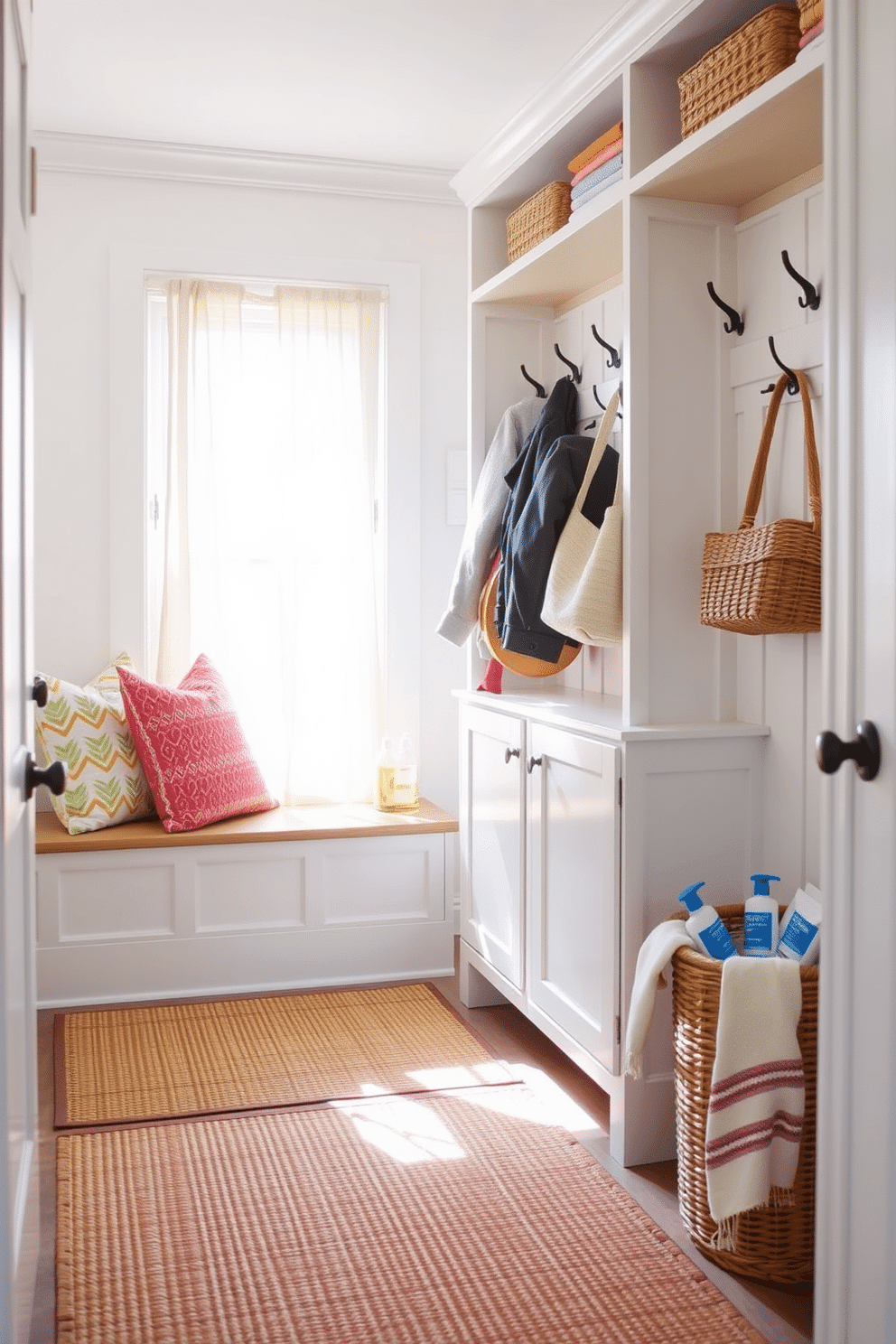 A bright and airy mudroom featuring seagrass rugs that add natural texture to the space. The walls are painted in a soft white, complemented by a wooden bench with colorful throw pillows and hooks for hanging bags and jackets. Sunlight streams in through a large window adorned with sheer curtains, illuminating the space. A woven basket sits in the corner, filled with summer essentials like sunscreen and beach towels.