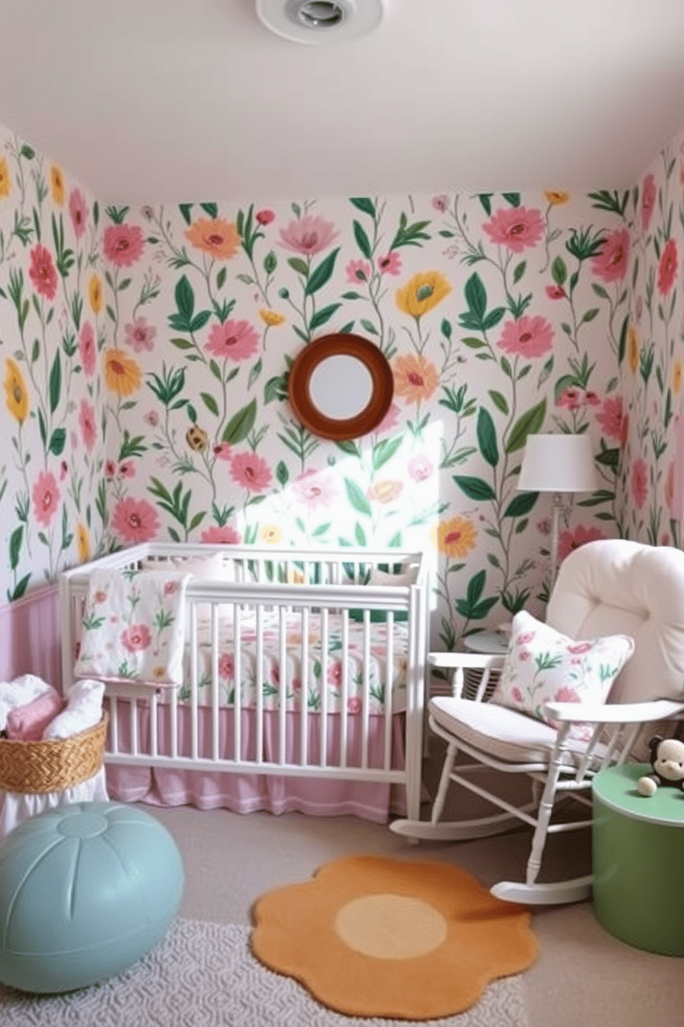 Bright botanical prints adorn the walls of a cheerful nursery, creating a vibrant and inviting atmosphere. Soft pastel colors complement the prints, enhancing the overall warmth of the space. The nursery features a cozy crib with a plush bedding set that matches the botanical theme. A comfortable rocking chair sits in the corner, surrounded by playful accents and soft textures for a nurturing environment.