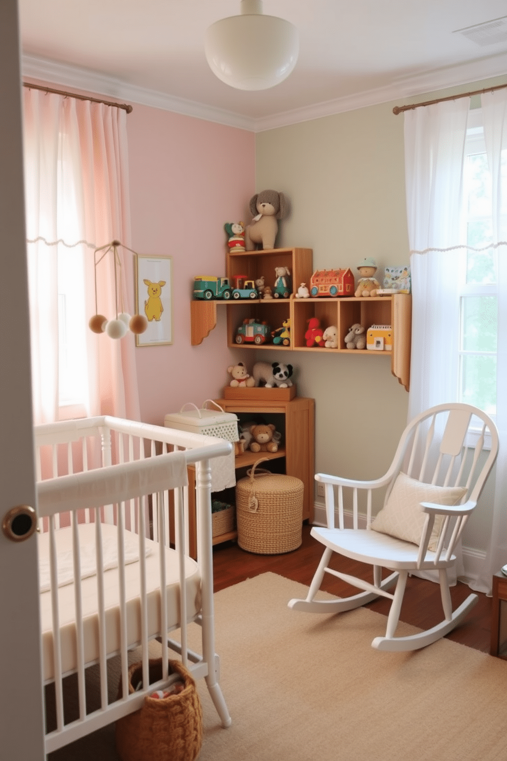 A charming summer nursery filled with vintage-inspired toys as decorative accents. The walls are painted in soft pastel colors, and a cozy rocking chair sits in the corner next to a playful mobile hanging above the crib. Wooden shelves display an array of classic toys, including a colorful pull-along train and plush animals. A patterned area rug adds warmth to the space, while delicate curtains filter natural light, creating a serene atmosphere.