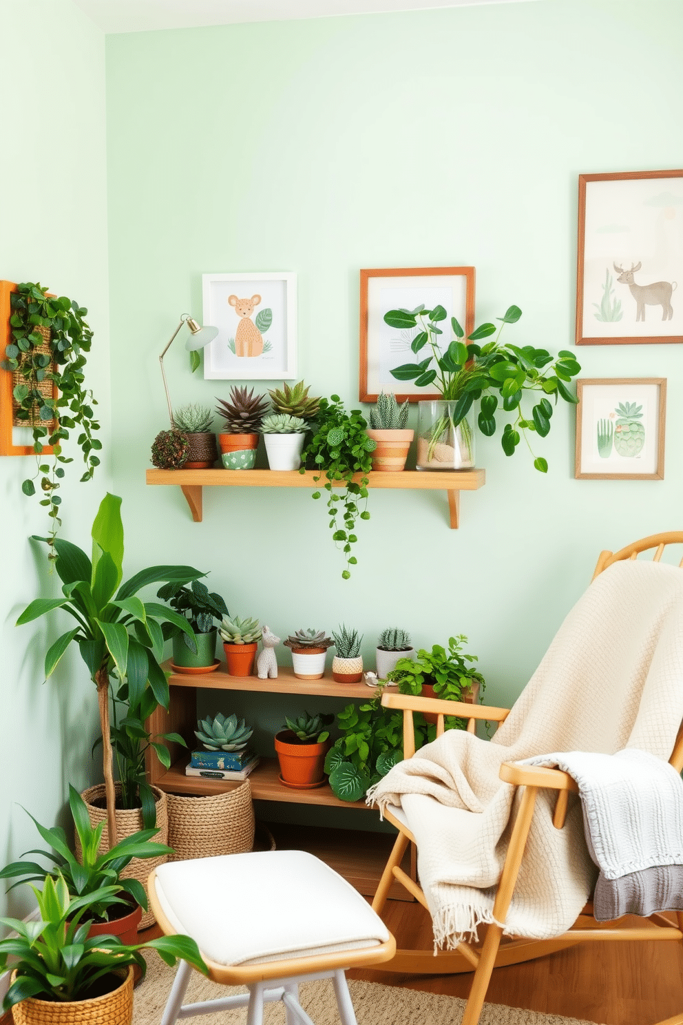 A vibrant summer nursery filled with greenery and potted plants creates a refreshing atmosphere. Soft pastel colors adorn the walls, complemented by cheerful artwork featuring animals and nature. In one corner, a variety of succulents are arranged on a wooden shelf, bringing life and texture to the space. A cozy rocking chair sits nearby, draped with a light blanket for comfort and warmth.