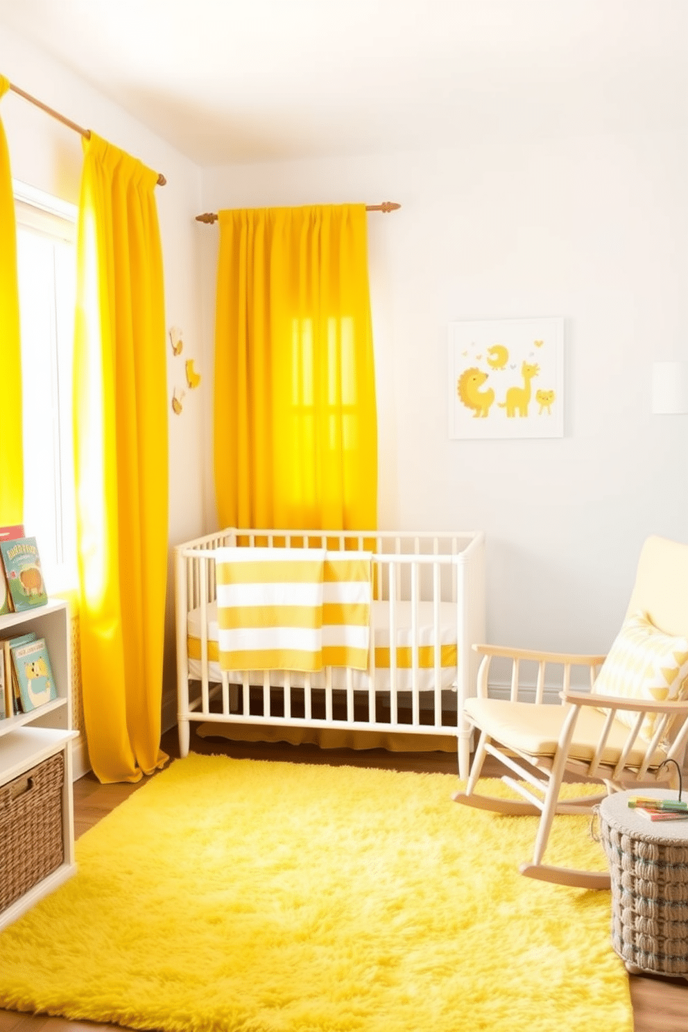 A warm and inviting nursery filled with sunshine yellow accents. The walls are painted in a soft white, creating a bright and cheerful atmosphere. A cozy crib with a yellow and white striped bedding set is positioned against one wall. A plush yellow rug covers the floor, adding comfort and warmth to the space. Decorative yellow curtains frame the windows, allowing natural light to flood the room. Whimsical wall art featuring playful animals in yellow tones adds a touch of charm. A comfortable rocking chair in a light wood finish sits in the corner, perfect for storytime. A small bookshelf filled with colorful children's books completes the inviting decor.