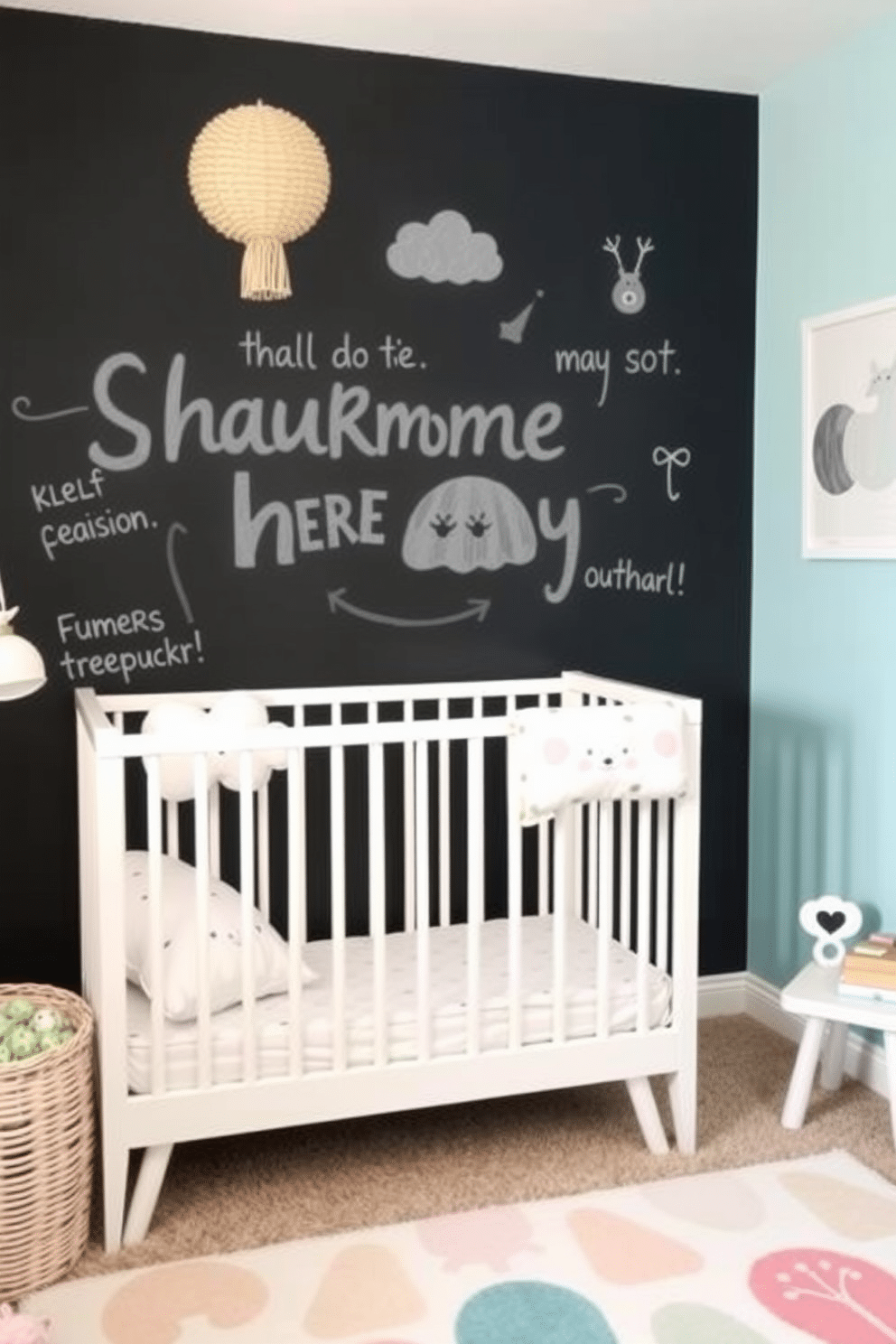 A playful summer nursery featuring a chalkboard wall that encourages creativity and fun. The space is adorned with soft pastel colors, and whimsical decor elements like cloud-shaped pillows and animal-themed wall art.