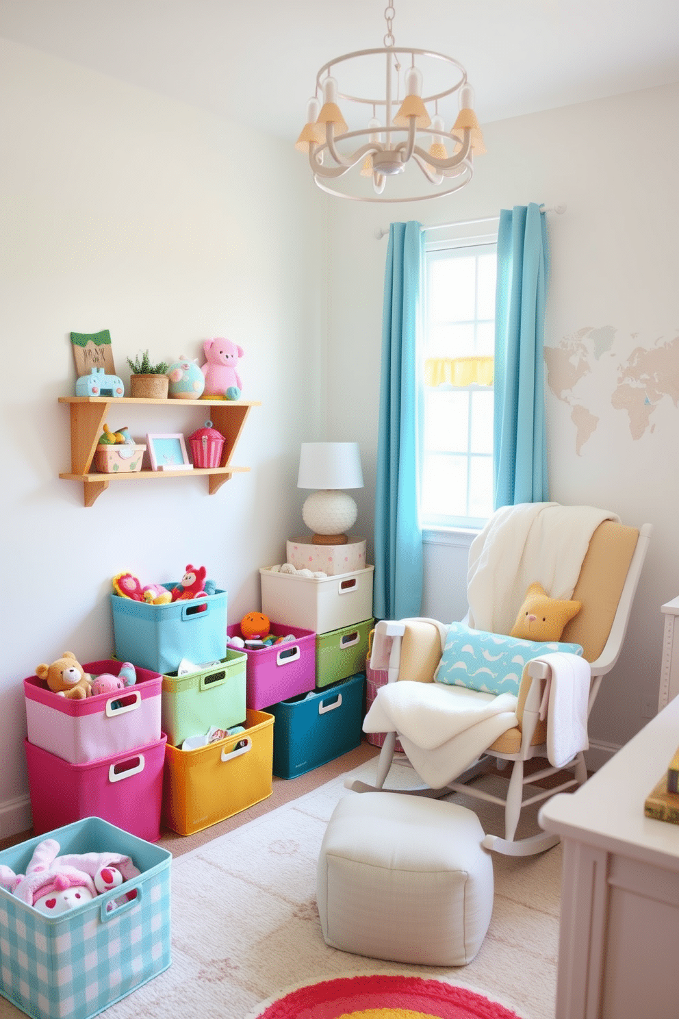 A cheerful nursery filled with vibrant colors and playful designs. There are various colorful storage baskets arranged neatly in the corner, each filled with toys and blankets, adding a touch of warmth and organization to the space. Soft pastel hues cover the walls, creating a calming atmosphere. A cozy rocking chair is positioned next to a window, surrounded by whimsical decor that enhances the playful theme of the nursery.