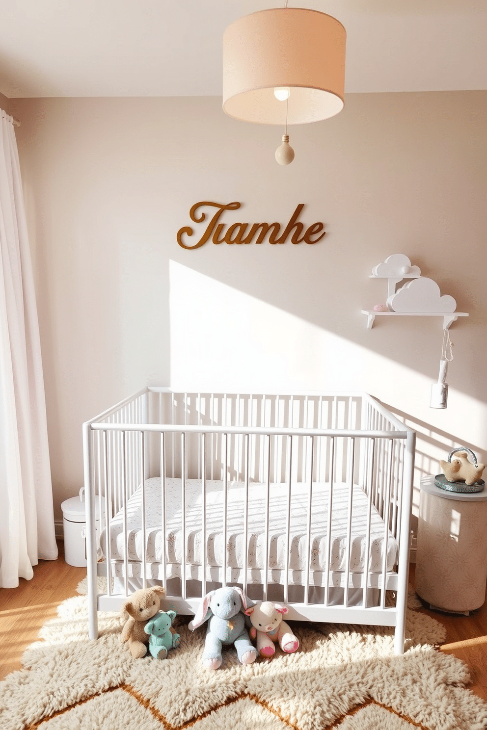 A charming nursery with a personalized name sign elegantly displayed above the crib. The walls are painted in soft pastel colors, and plush toys are neatly arranged on a cozy rug. Decorative elements include whimsical cloud-shaped shelves and a mobile hanging from the ceiling. Natural light streams in through sheer curtains, creating a warm and inviting atmosphere.