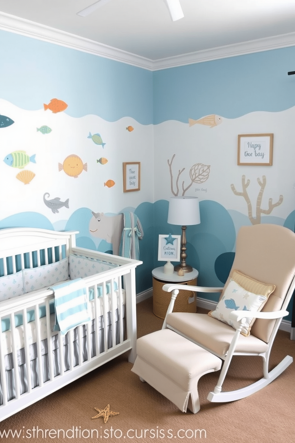 A serene nursery inspired by an under-the-sea theme. The walls are painted in soft ocean blue, adorned with whimsical fish and coral murals. The furniture includes a white crib with nautical-themed bedding and a cozy rocking chair in a light sandy color. Decorative elements like seashells and starfish are scattered throughout the room, enhancing the aquatic atmosphere.