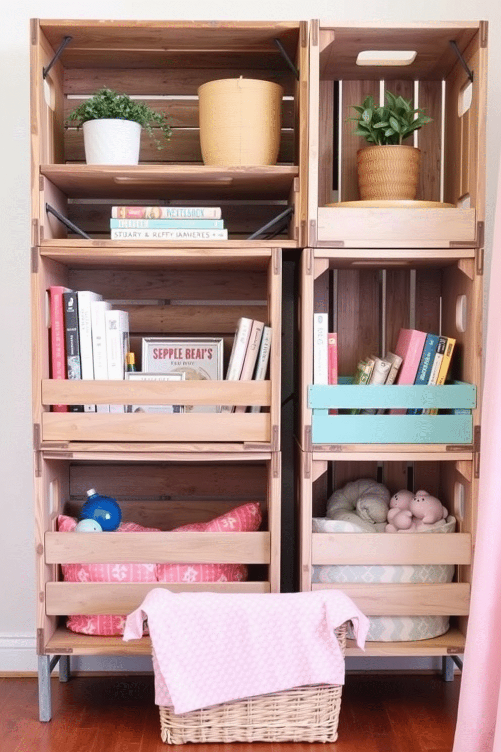 Vintage crates serve as charming and practical shelving options in any room. Stacked or hung on walls, they create a rustic yet stylish display for books, plants, and decorative items. For a summer nursery, consider a bright and airy color palette with soft pastels. Incorporate playful patterns and lightweight fabrics to enhance the cheerful atmosphere while ensuring comfort and safety.