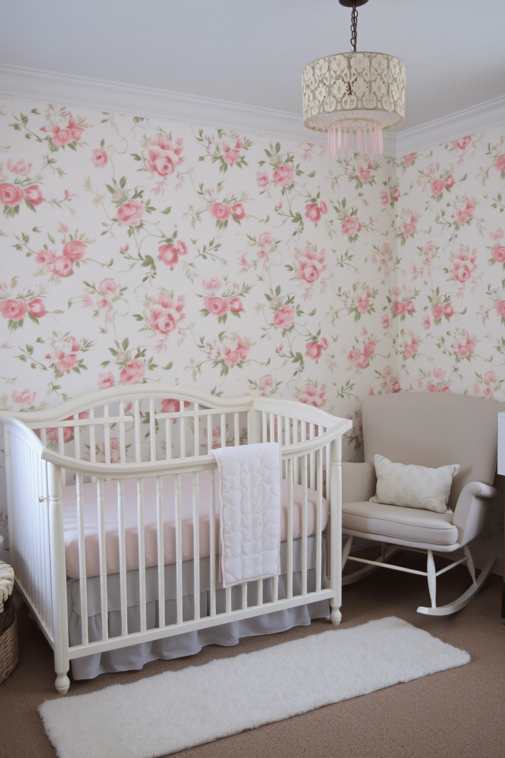 A serene nursery space adorned with pastel floral wallpaper that creates a soft and inviting ambiance. The room features a cozy crib with a plush bedding set in complementary pastel colors and a comfortable rocking chair in the corner.