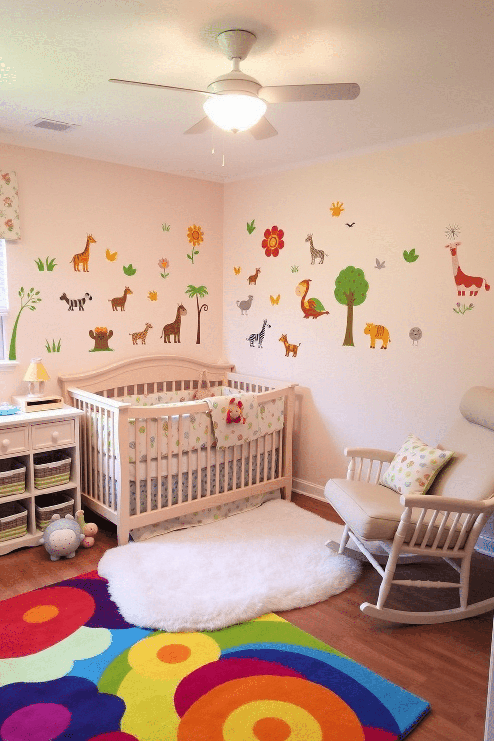 A bright and cheerful nursery adorned with playful wall decals featuring animals and nature themes. The walls are painted in a soft pastel color, creating a warm and inviting atmosphere for a child's room. The room includes a cozy crib with a whimsical bedding set that complements the decals. A plush area rug in vibrant colors adds a fun touch, while a comfortable rocking chair provides a perfect spot for reading bedtime stories.