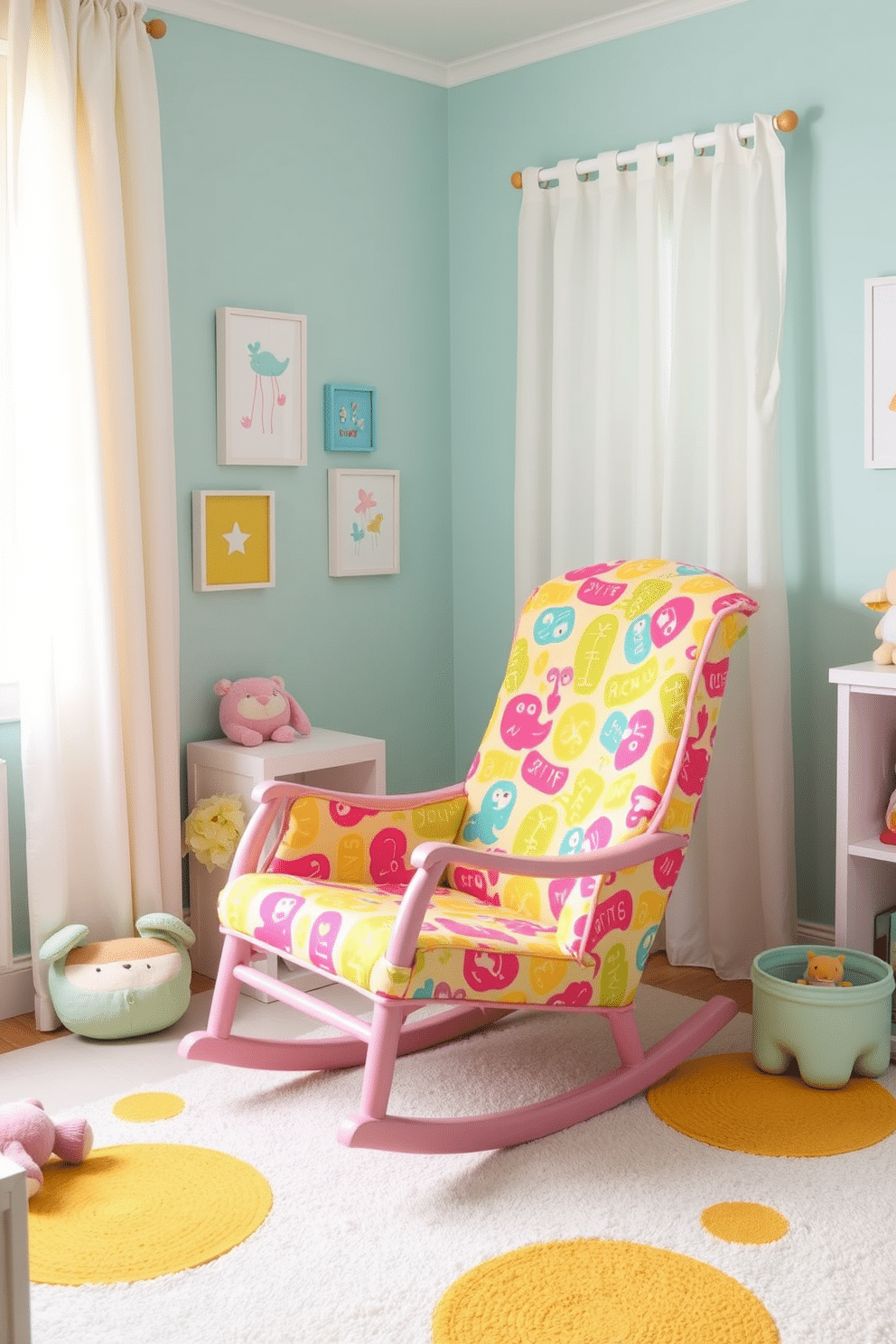 A brightly colored rocking chair is positioned in the corner of a cheerful nursery. The chair is upholstered in soft, durable fabric with vibrant patterns, creating a cozy and inviting atmosphere. Surrounding the rocking chair are playful decor elements, including pastel-colored wall art and plush toys. The room features light, airy curtains that allow natural light to filter in, enhancing the overall warmth and comfort of the space.