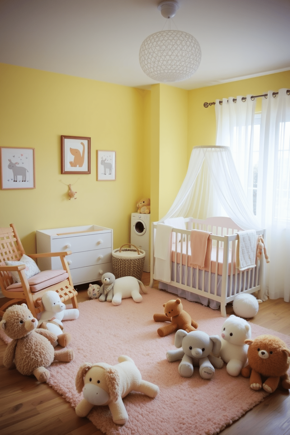 A cozy summer nursery filled with soft plush toys arranged on a pastel-colored rug. The walls are painted in a light yellow hue, complemented by whimsical animal-themed wall art and a comfortable rocking chair in the corner. A beautifully designed crib draped with a sheer canopy sits against one wall, surrounded by plush cushions and a soft blanket. Natural light pours in through sheer curtains, creating a warm and inviting atmosphere perfect for a peaceful retreat.