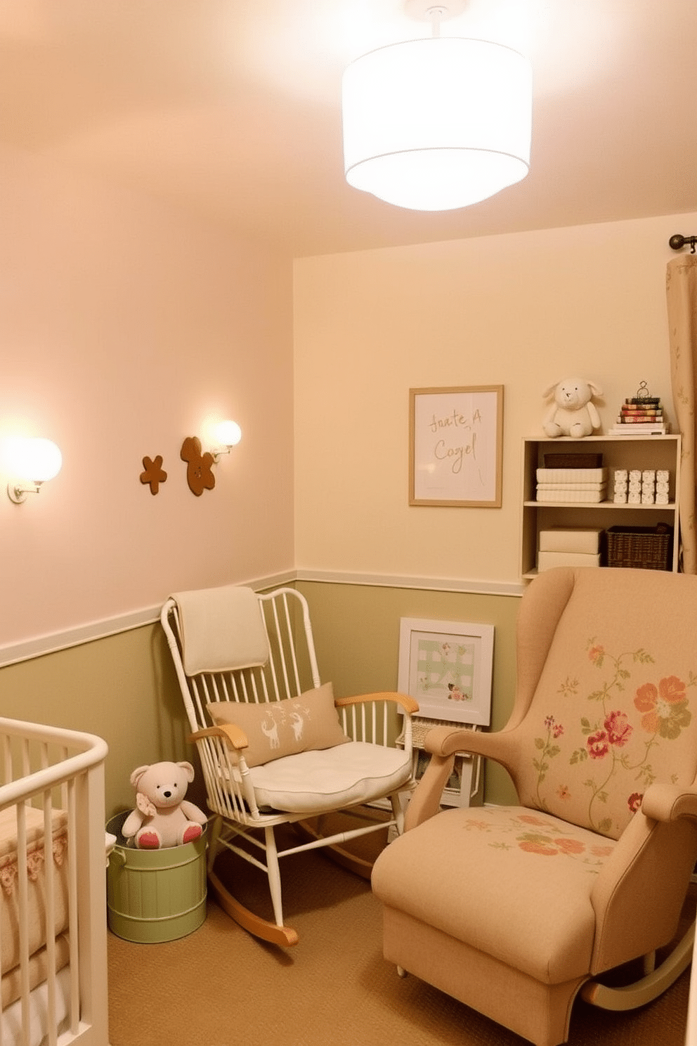 Gentle night lights provide a soothing glow in a cozy nursery. Soft pastel colors adorn the walls, with plush toys and a comfortable rocking chair creating a warm atmosphere. Summer nursery decorating ideas feature light, airy fabrics that invite a sense of calm. Bright floral patterns and natural wood accents enhance the cheerful and inviting space.