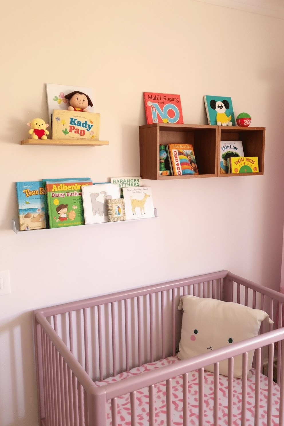 A serene nursery setting featuring floating shelves adorned with colorful children's books and playful toys. The walls are painted in a soft pastel hue, creating a warm and inviting atmosphere perfect for a summer theme.