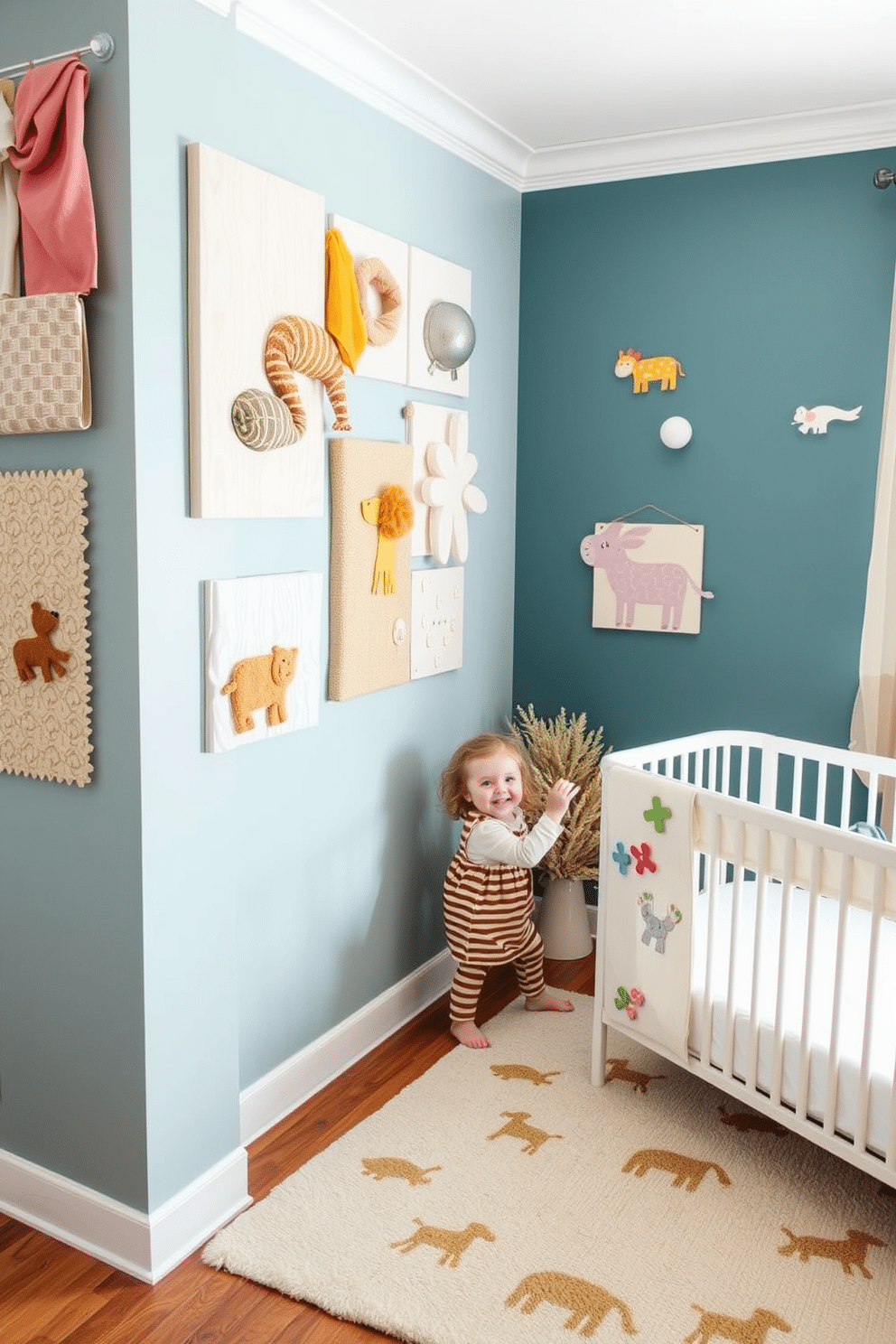 Interactive wall art for sensory play. The walls are adorned with textured panels featuring various materials like fabric, wood, and metal, encouraging tactile exploration. Summer nursery decorating ideas. The room is filled with soft pastel colors, playful animal motifs, and lightweight curtains that flutter in the breeze, creating a bright and cheerful atmosphere.