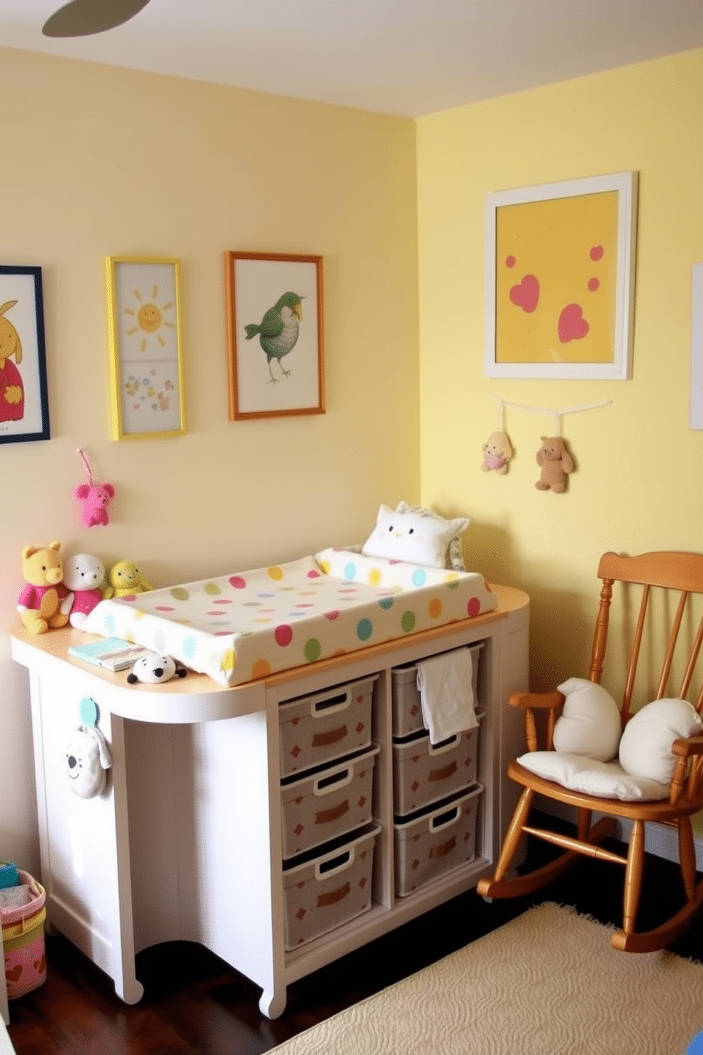 A colorful changing table adorned with playful accessories creates a vibrant atmosphere in the nursery. Soft pastel colors dominate the walls, complemented by cheerful artwork and plush toys scattered around the room. The changing table features a bright yellow surface with whimsical patterns, surrounded by neatly organized bins filled with baby essentials. A cozy rocking chair in the corner adds a touch of comfort, inviting parents to relax during feeding time.