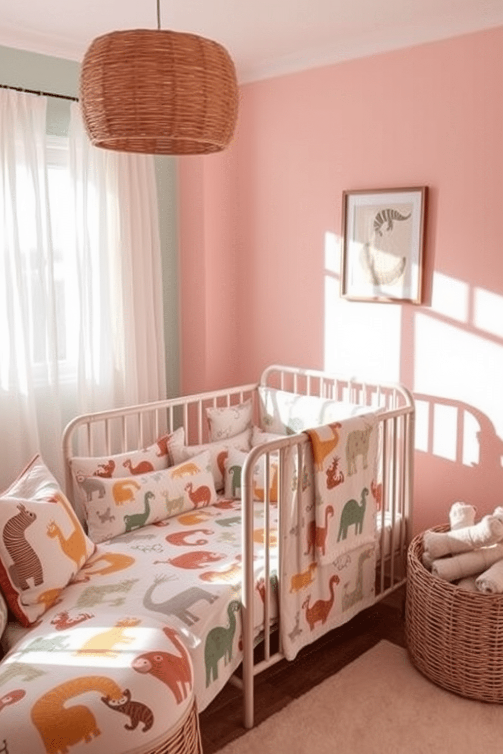 Lively animal prints adorn the cushions and throws, adding a playful touch to the nursery. The walls are painted in soft pastel colors, creating a warm and inviting atmosphere for a summer-themed space. The room is filled with natural light, with sheer curtains allowing the sun to filter through. A cozy crib is dressed in coordinating bedding, featuring whimsical animal patterns that inspire imagination and comfort.