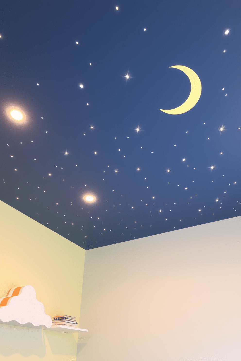 A dreamy starry night ceiling features a deep blue backdrop adorned with twinkling LED stars and a glowing crescent moon. Soft, ambient lighting enhances the celestial theme, creating a soothing atmosphere perfect for relaxation. For summer nursery decorating ideas, consider a bright and airy color palette with pastel yellows and soft greens. Incorporate playful elements like cloud-shaped shelves and whimsical animal prints to inspire creativity and joy.